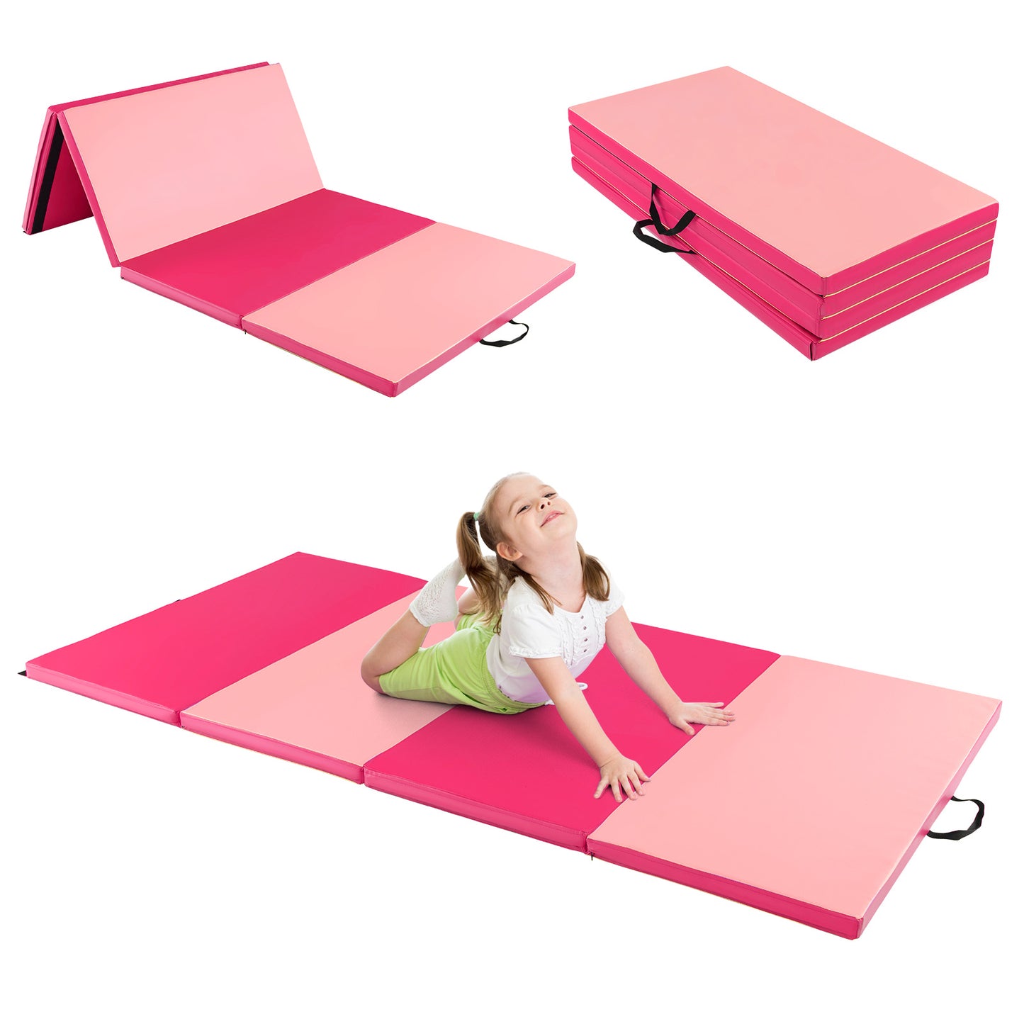 Folding Gymnastics Mat with Carry Handles Hook and Loop Fasteners-Blue