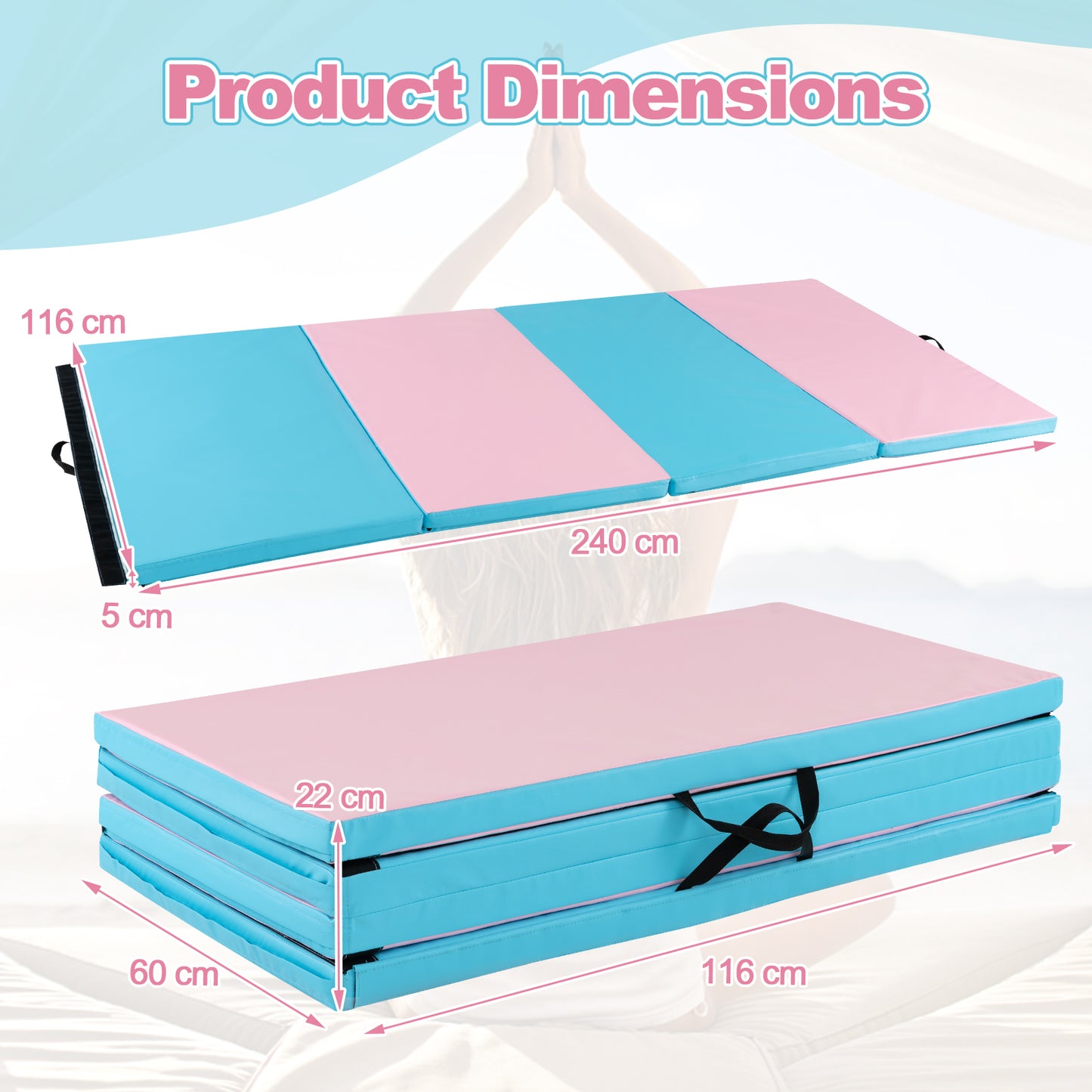 Folding Gymnastics Mat with Carry Handles Hook and Loop Fasteners-Blue