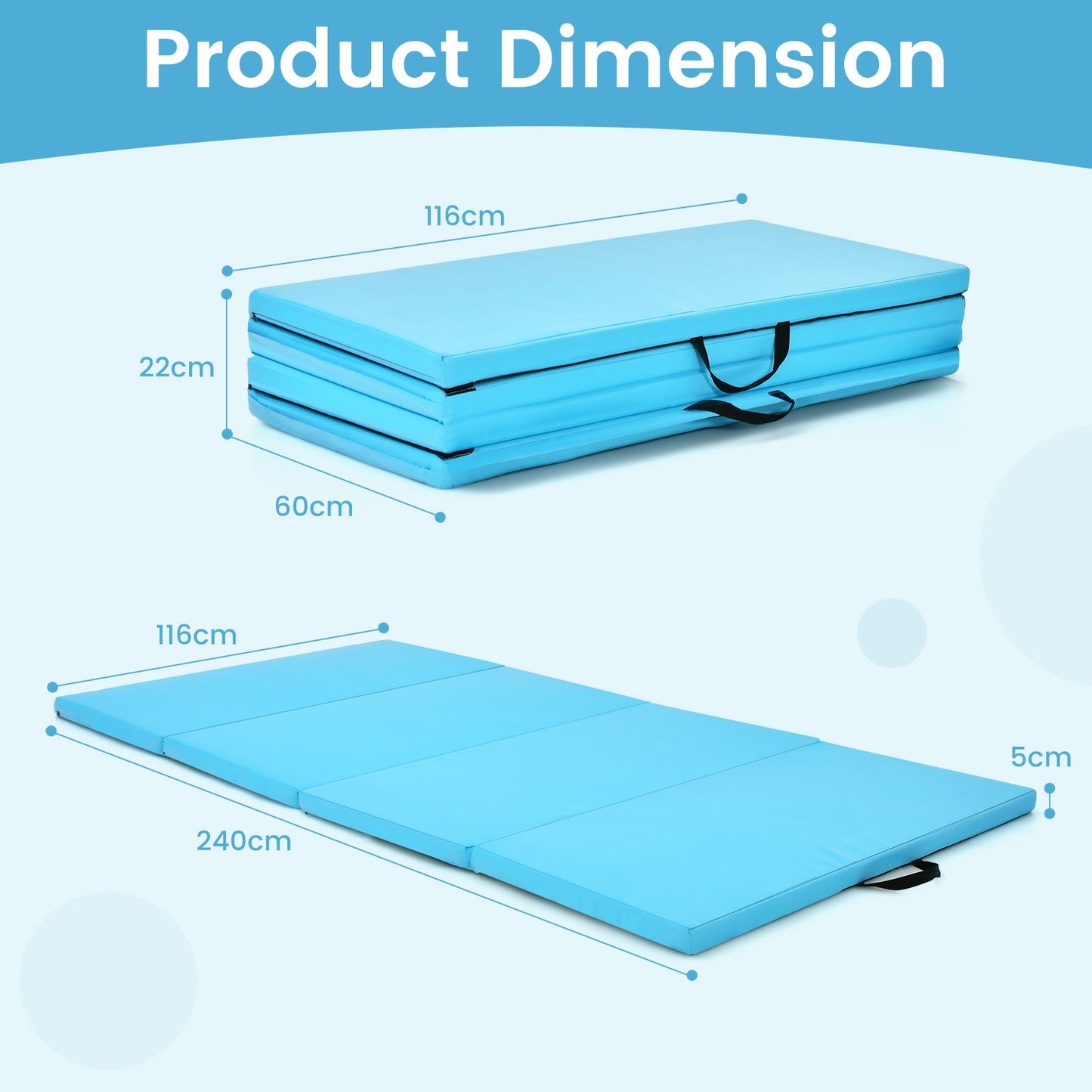 Folding Gymnastics Mat with Carry Handles Hook and Loop Fasteners-Blue