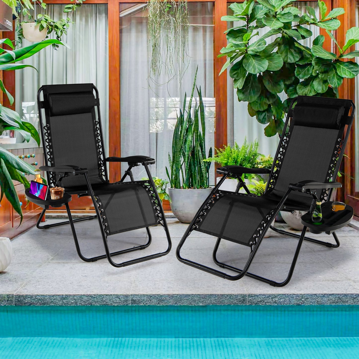 Folding Patio Recliners with Removable Headrest and Cup Holder Set of 2-Beige