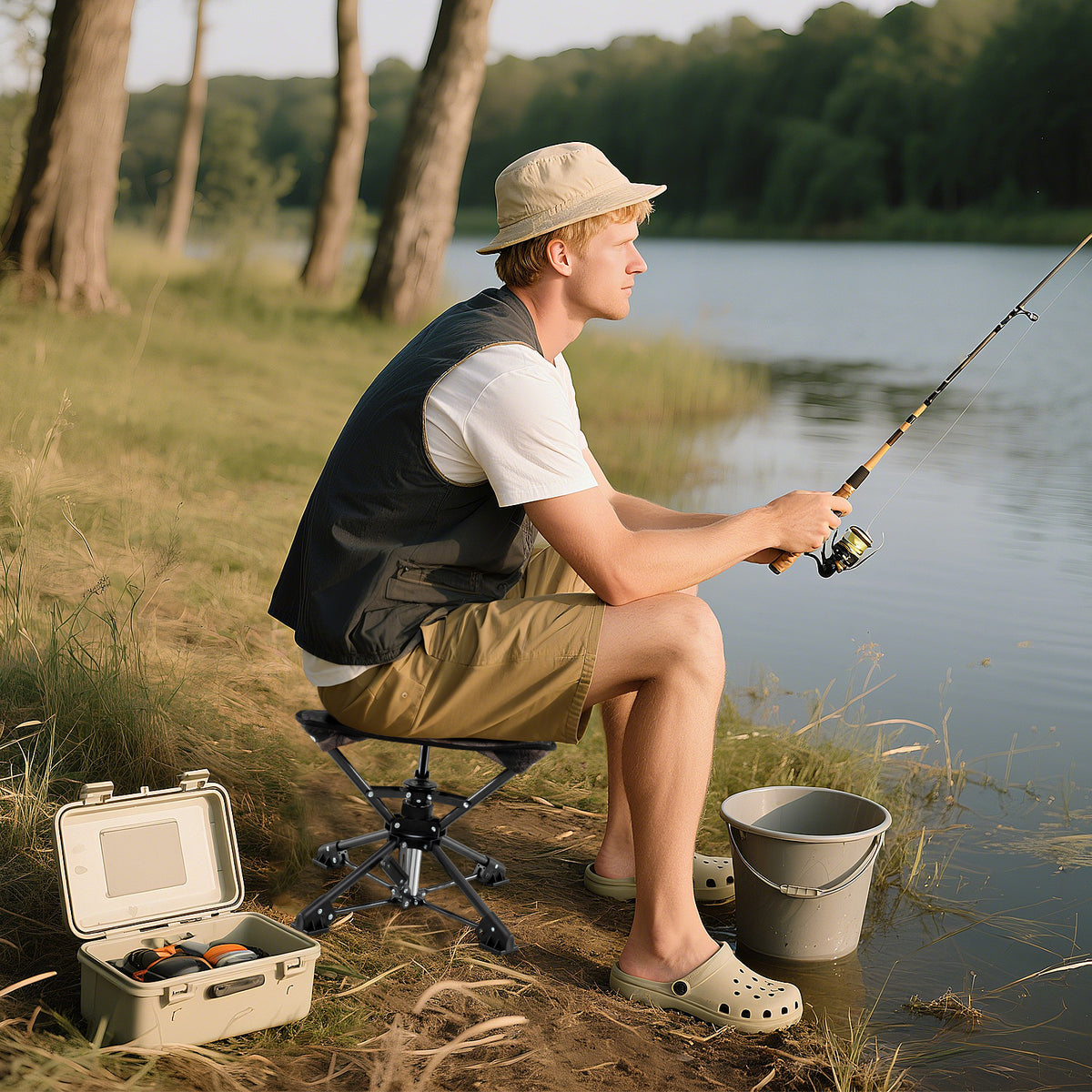 Folding Swivel Camping Hunting Stools with Anti-Sink Feet and Carry Bag-Blue