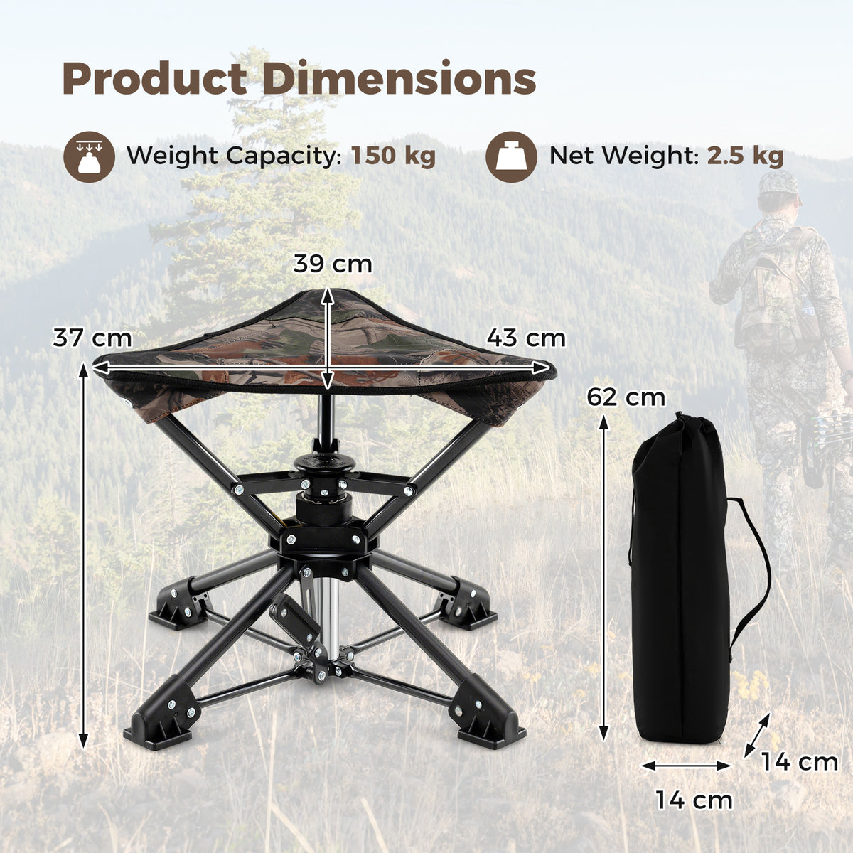 Folding Swivel Camping Hunting Stools with Anti-Sink Feet and Carry Bag-Blue