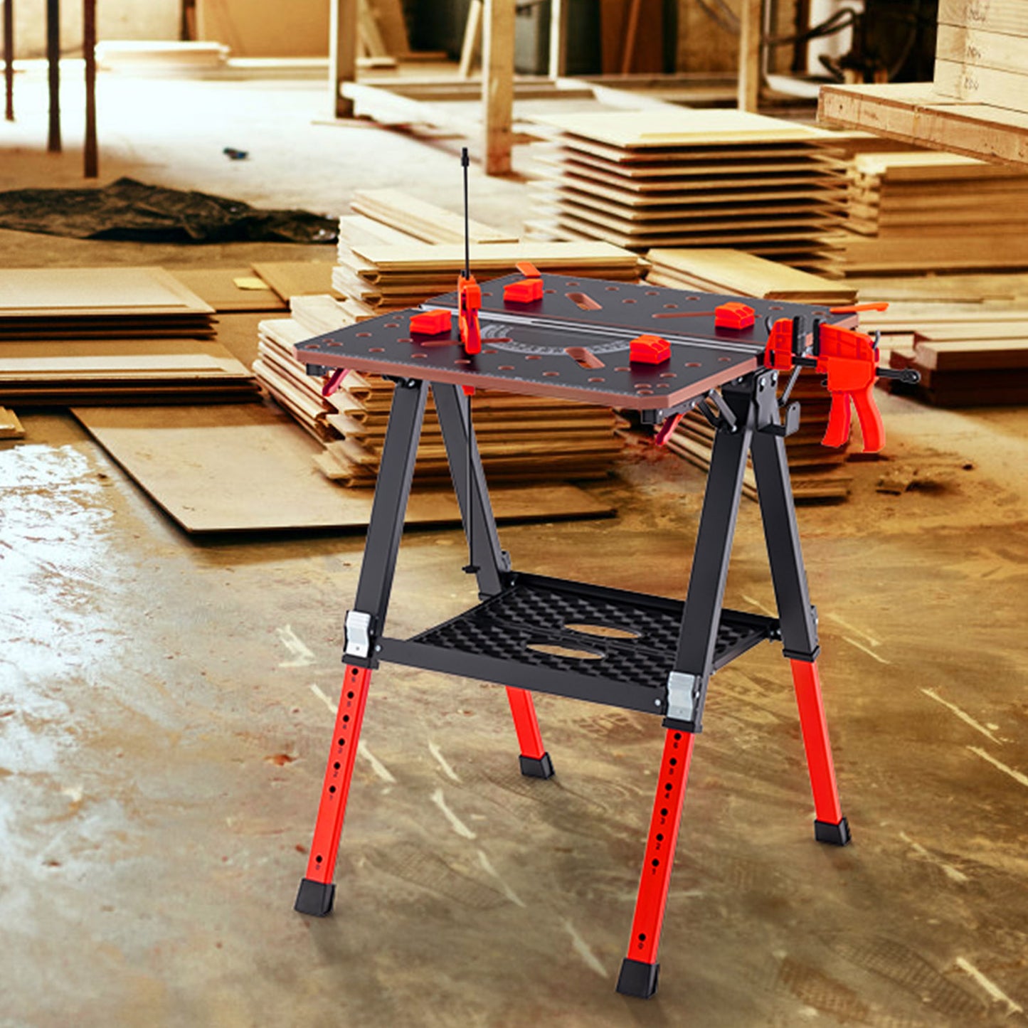 2-in-1 Folding Work Table with 2 Quick Clamps and 8 Adjustable Heights -Orange