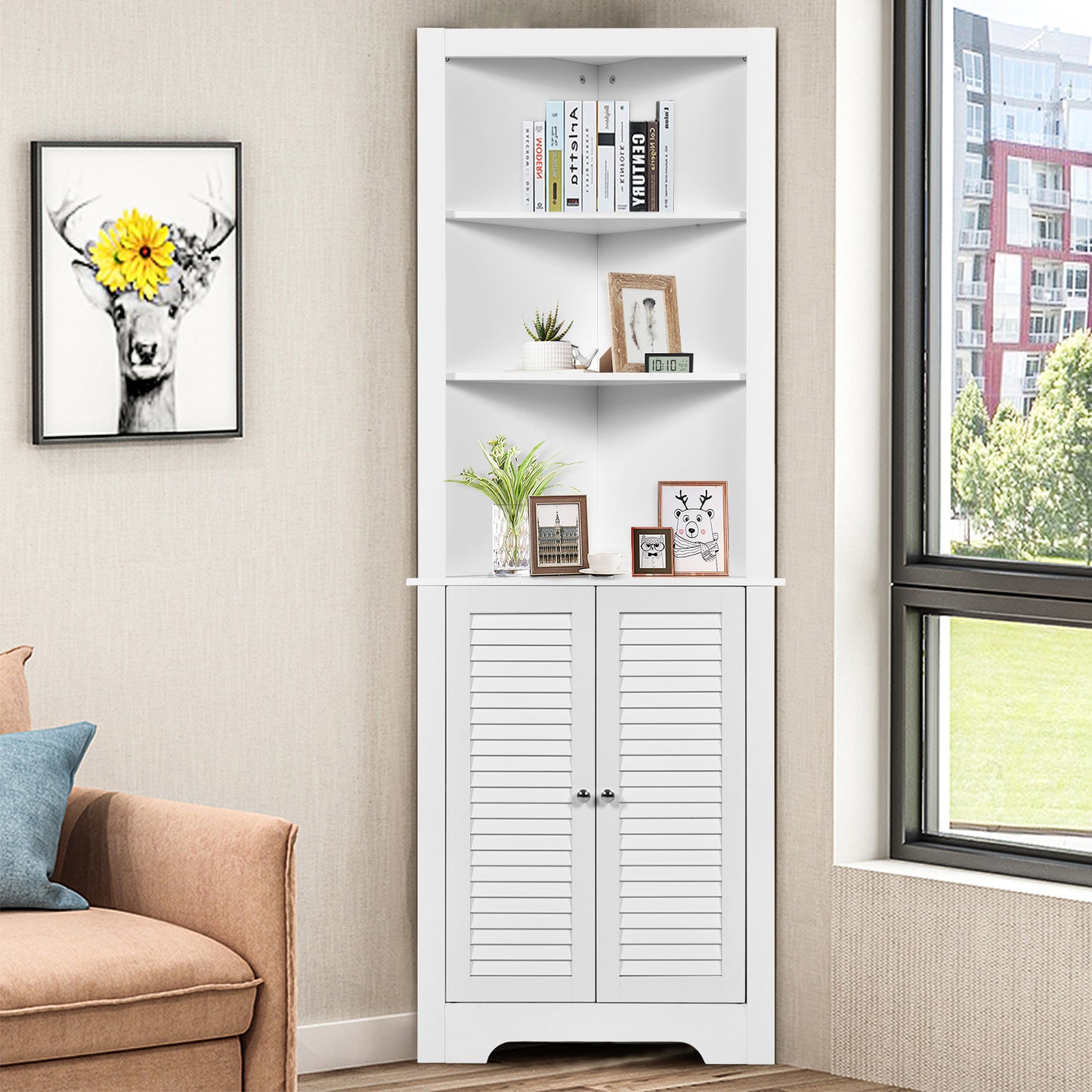 Freestanding Bathroom Corner Cabinet with Shutter Doors-White