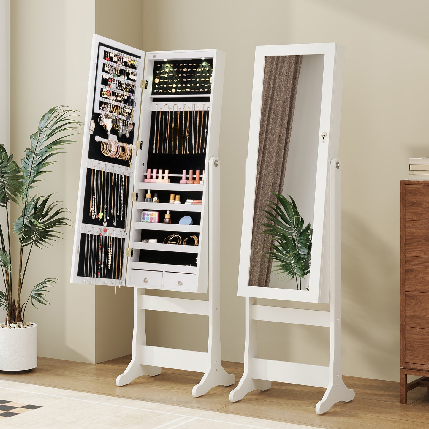 Freestanding Jewelry Armoire Cabinet with Inner LED Lights and 4 Adjustable Tilt Angles-Brown
