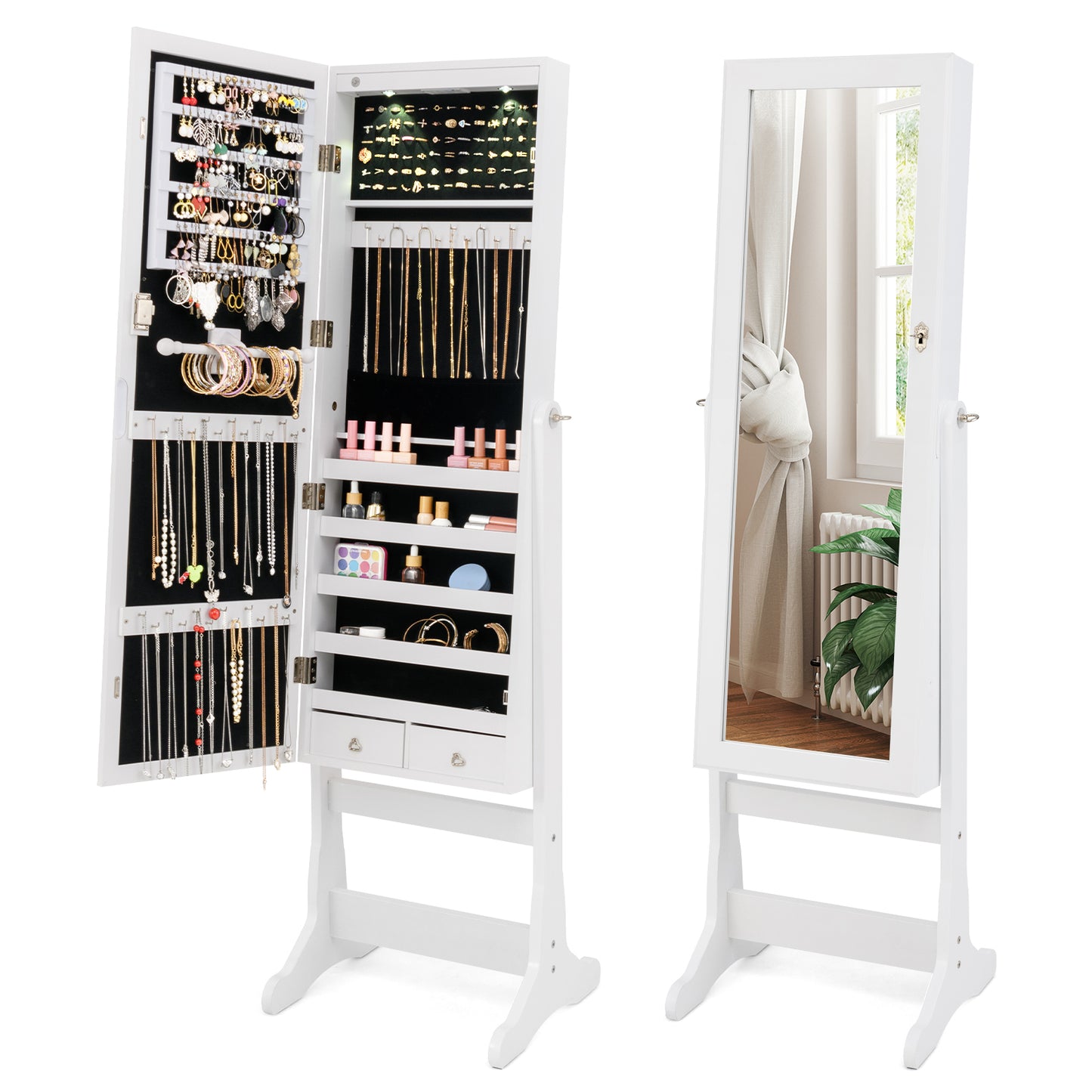 Freestanding Jewelry Armoire Cabinet with Inner LED Lights and 4 Adjustable Tilt Angles-Brown