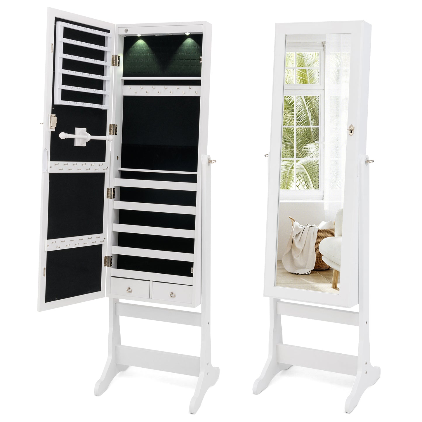 Freestanding Jewelry Armoire Cabinet with Inner LED Lights and 4 Adjustable Tilt Angles-Brown
