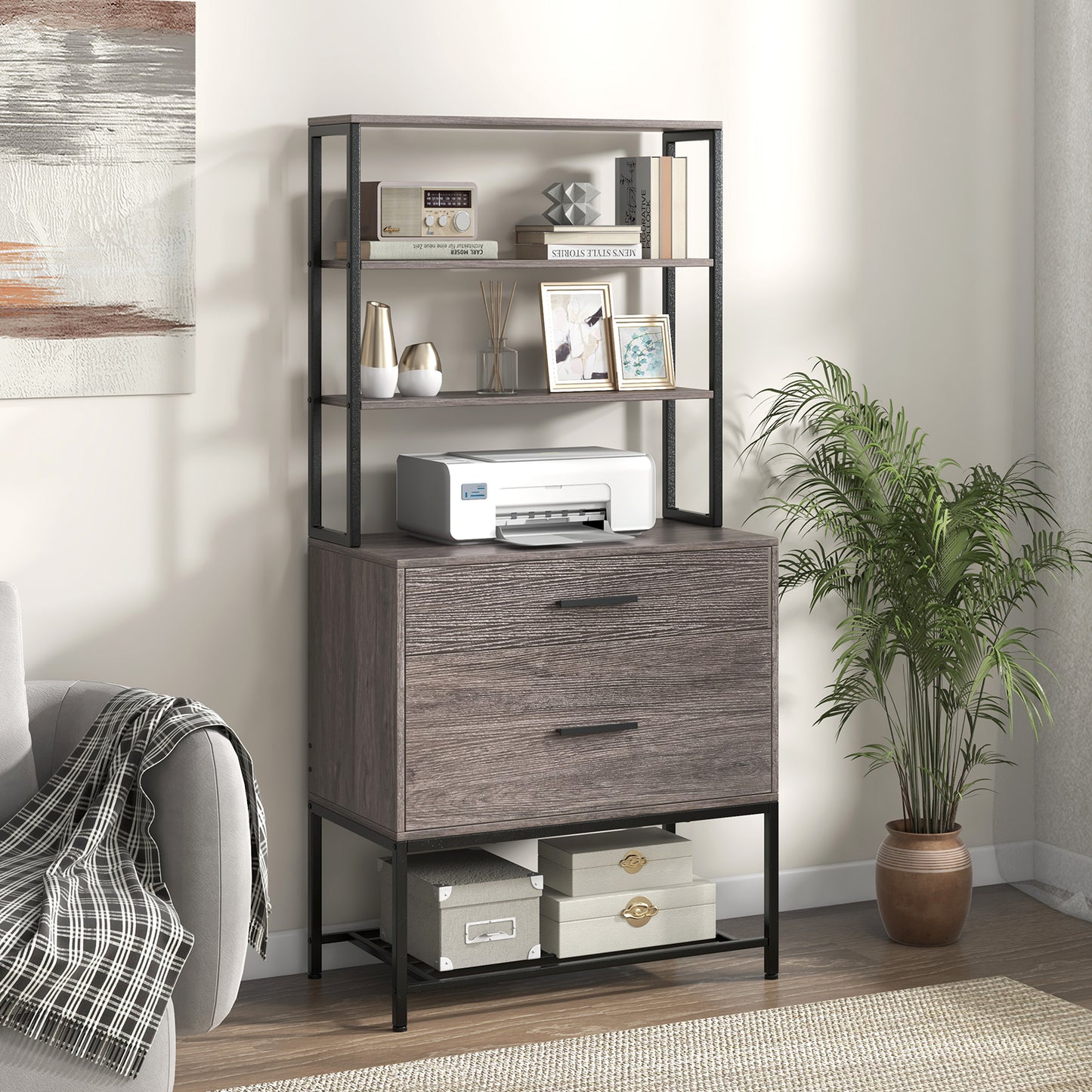 Freestanding Printer Stand with 3-Tier Open Shelves and Large Drawer-Grey