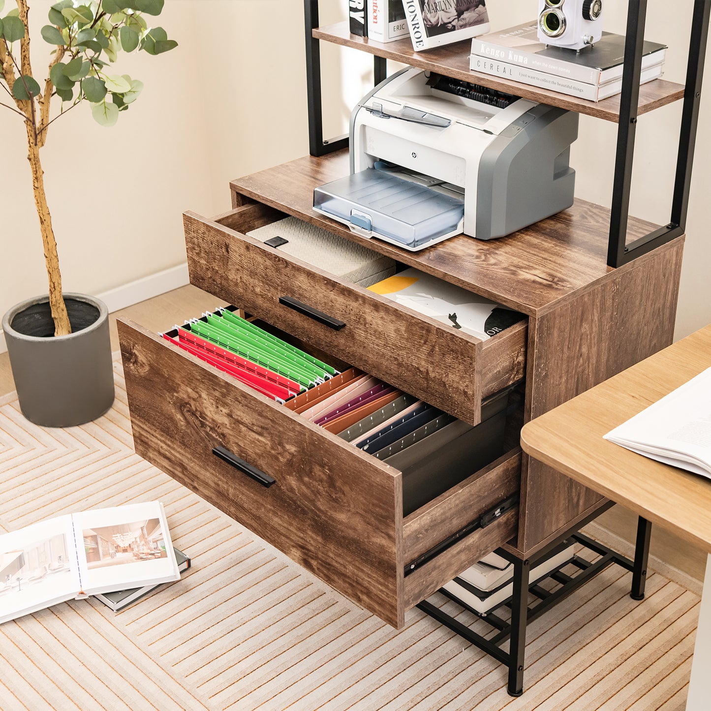 Freestanding Printer Stand with 3-Tier Open Shelves and Large Drawer-Grey