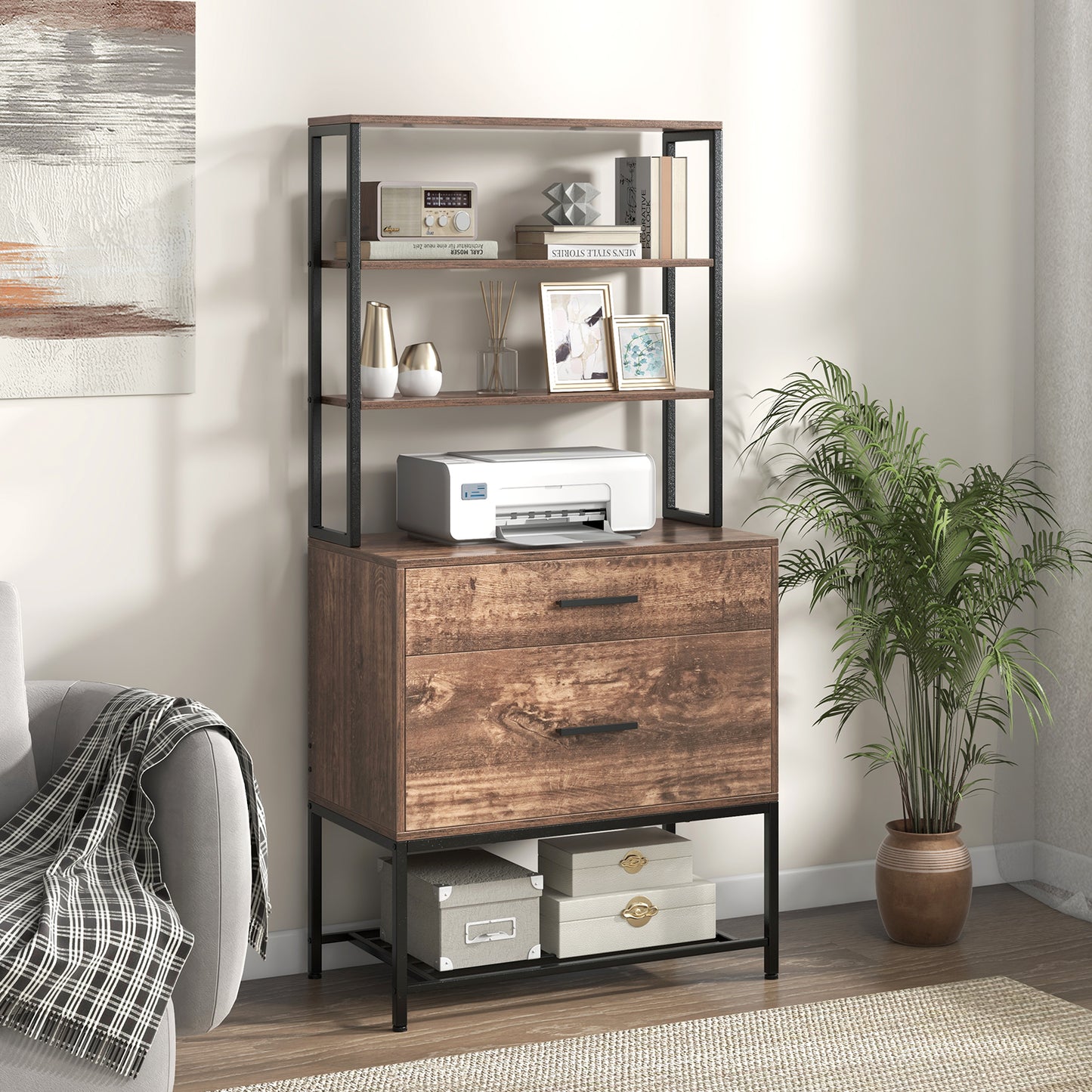 Freestanding Printer Stand with 3-Tier Open Shelves and Large Drawer-Grey