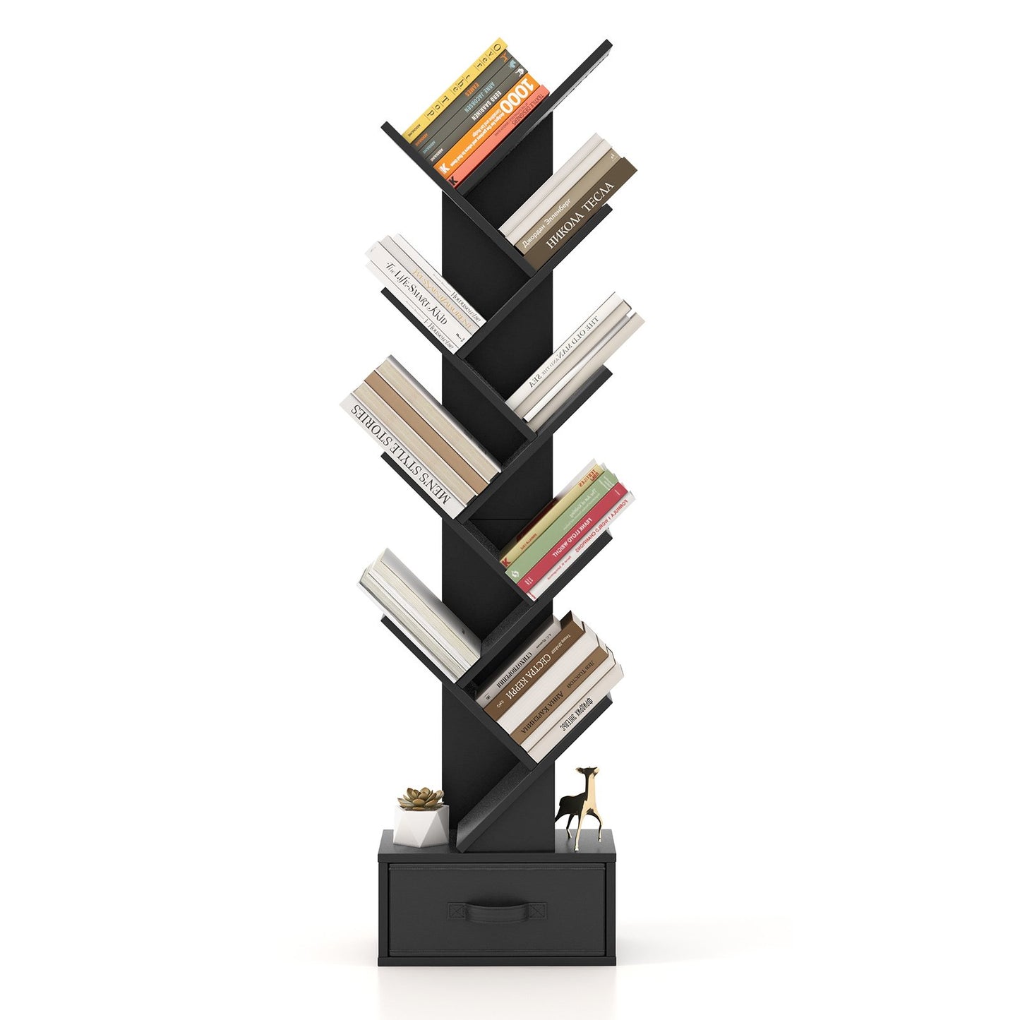 10-Tier Freestanding Tree Bookshelf with Drawer-Rustic Brown