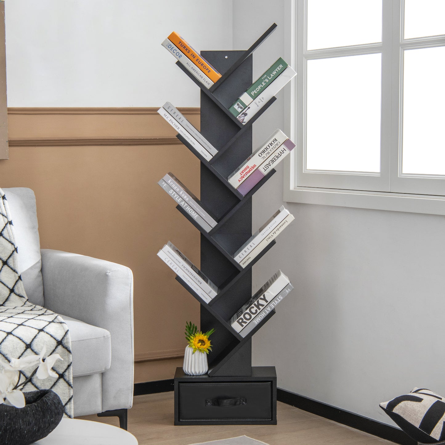 10-Tier Freestanding Tree Bookshelf with Drawer-Rustic Brown