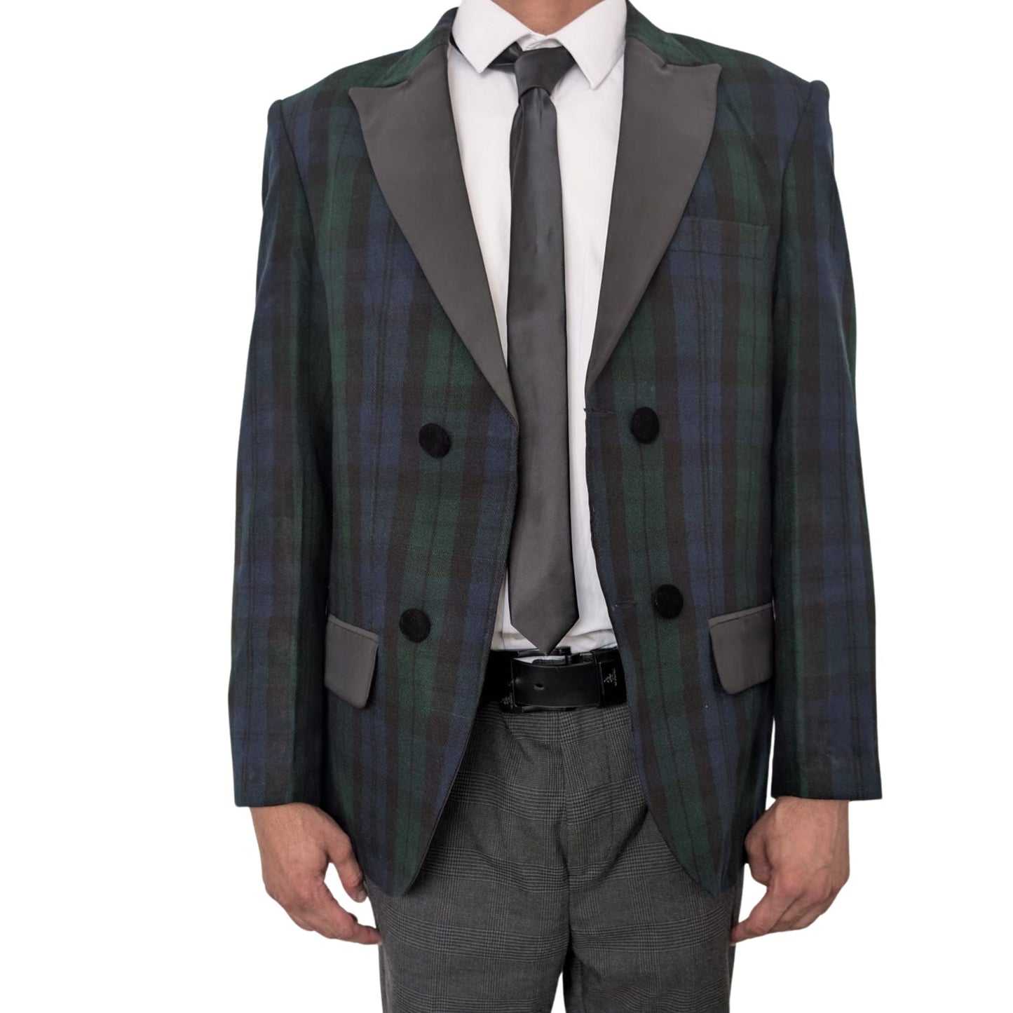 Men’s Scottish Black Watch Tartan Blazer Jacket – Acrylic Wool Fabric, Satin Lapels, Double-Breasted