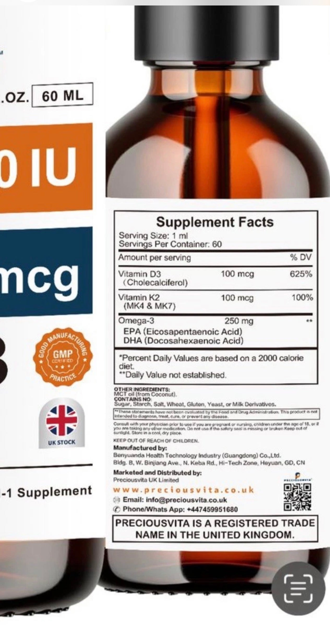 Preciousvita Vitamin D3K2 Liquid Drops,Vitamin D3:4000iu & Vitamin K2:100MCG,Peppermint Flavoured, 60ml