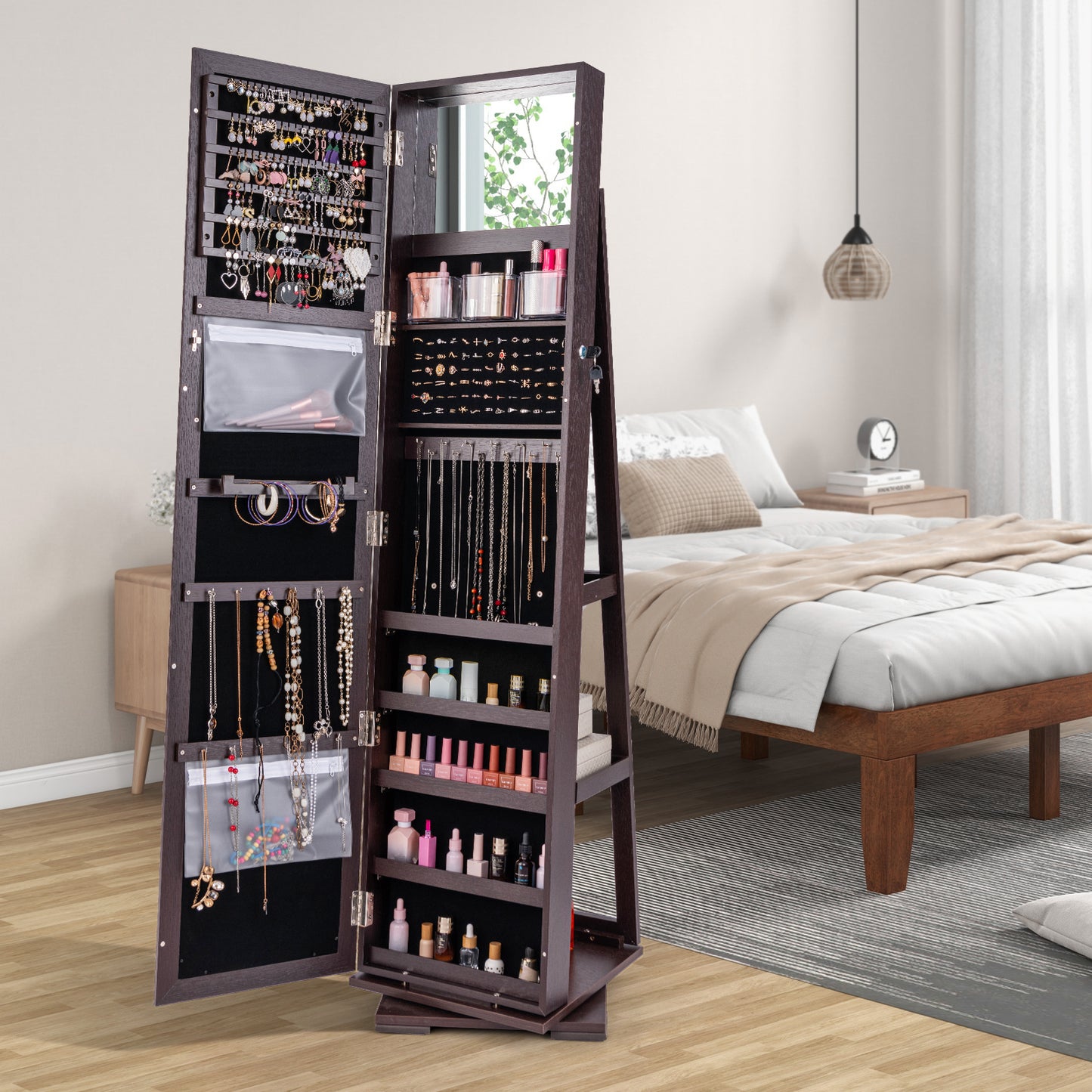 Full Length Mirrored Jewellery Cabinet Rotates 360° with Open Display Shelves-Brown
