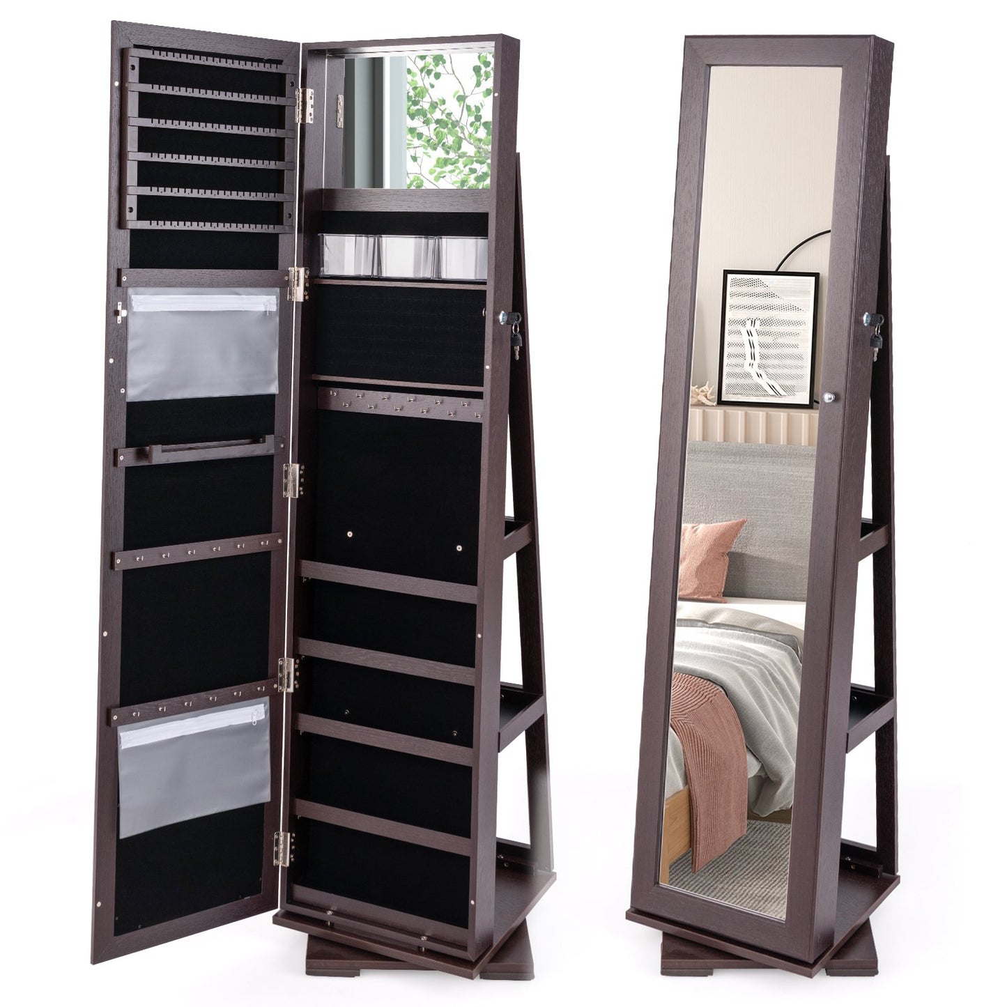 Full Length Mirrored Jewellery Cabinet Rotates 360° with Open Display Shelves-Brown