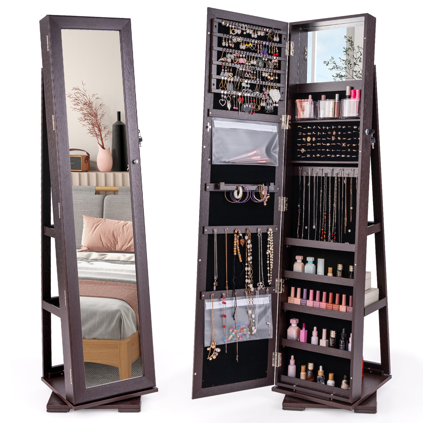 Full Length Mirrored Jewellery Cabinet Rotates 360° with Open Display Shelves-Brown