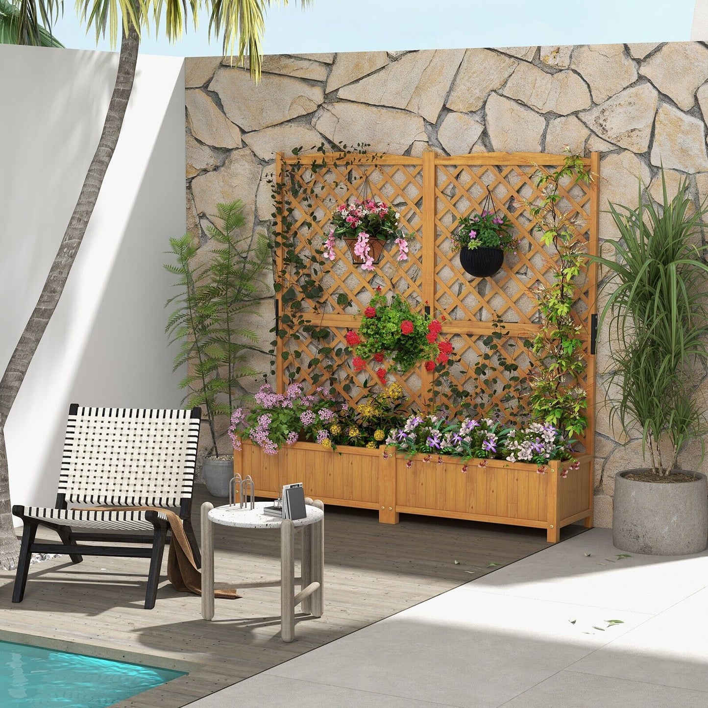 Raised Garden Bed with Diamond Shaped Trellis-Natural