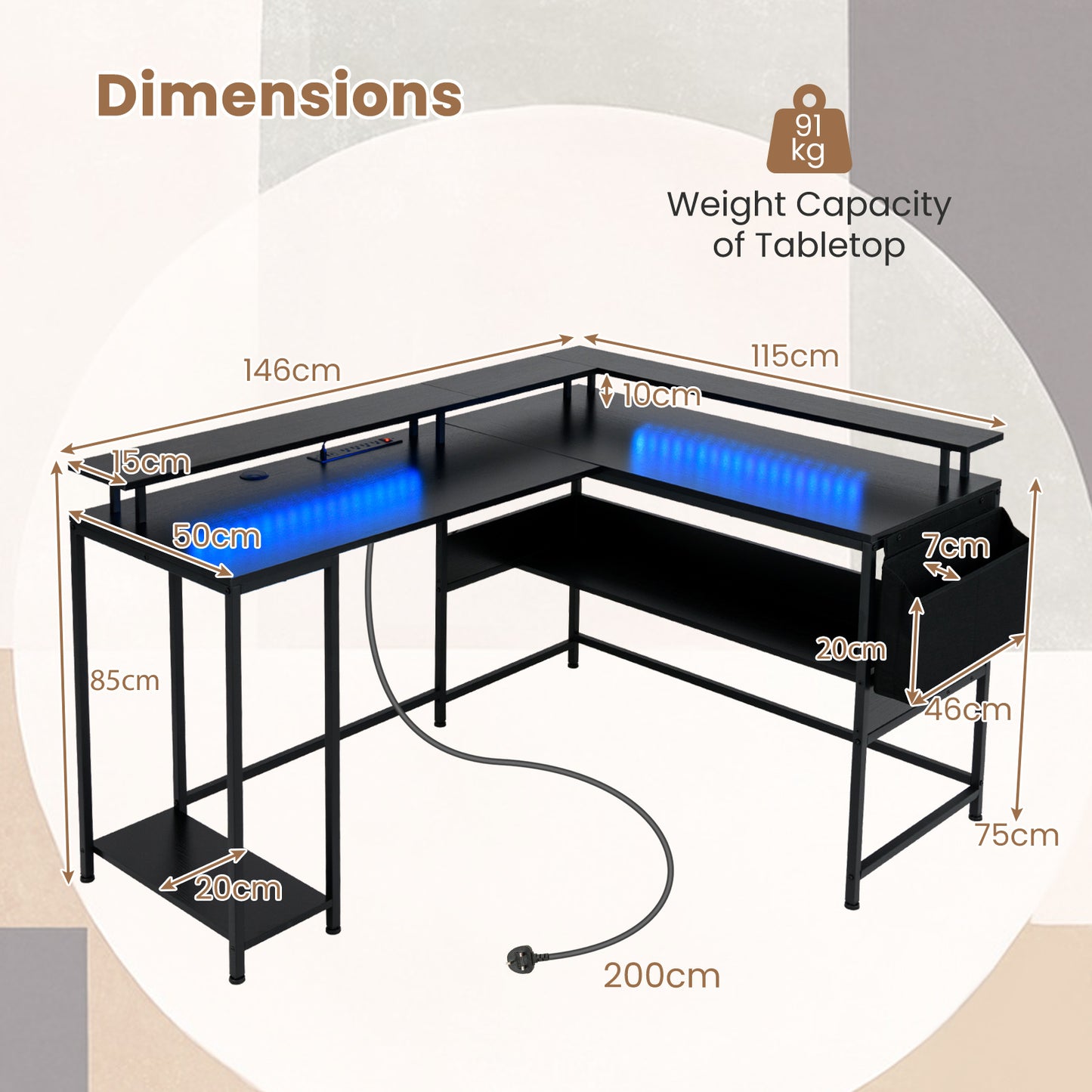 L-Shaped Gaming Desk with LED Lights and Power Outlets-Rustic Brown