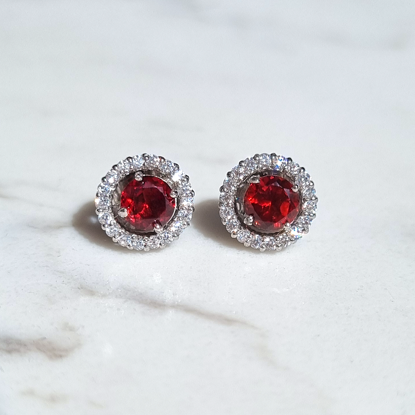 Garnet Halo Stud Earrings with Jackets in Sterling Silver