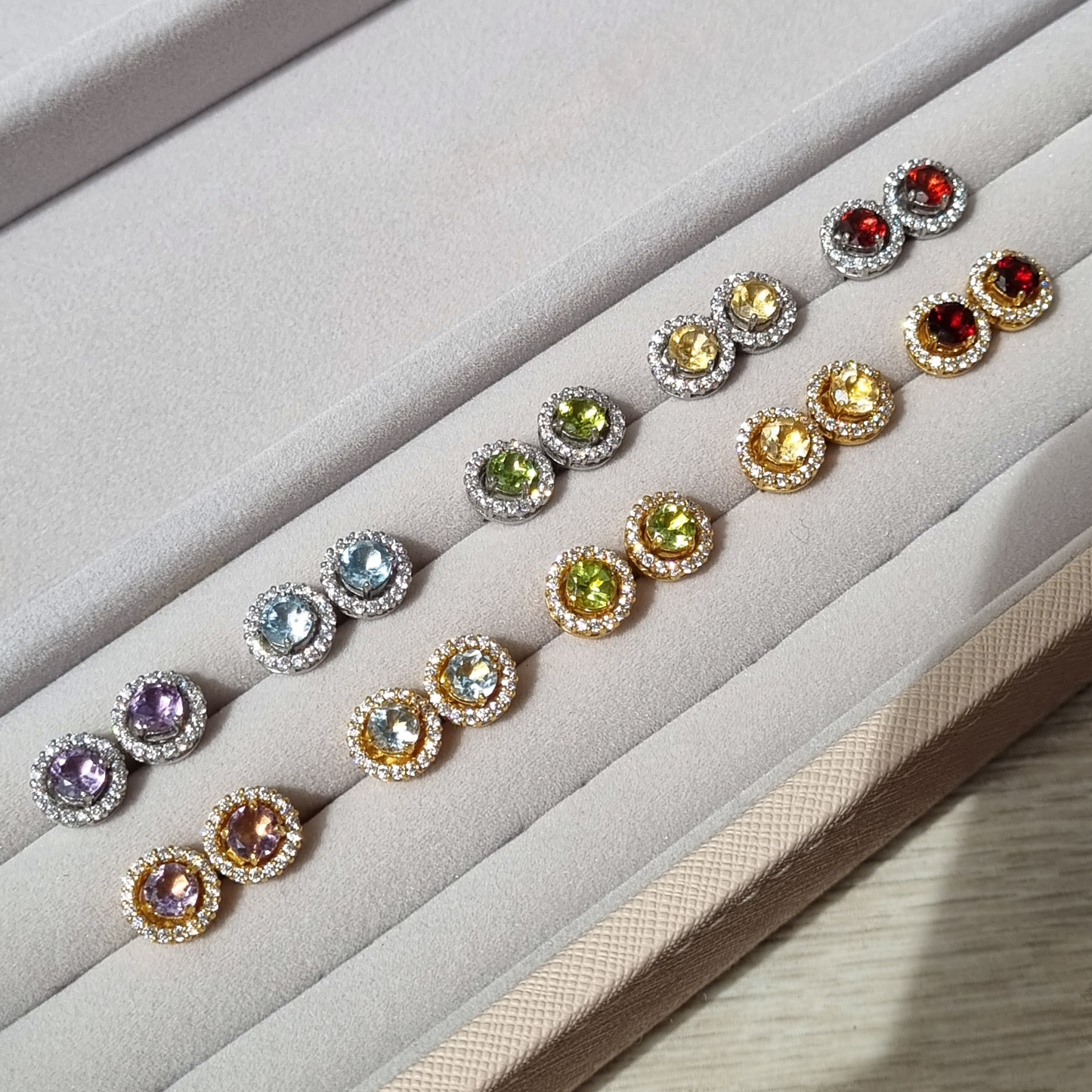 Garnet Halo Stud Earrings with Jackets in Sterling Silver