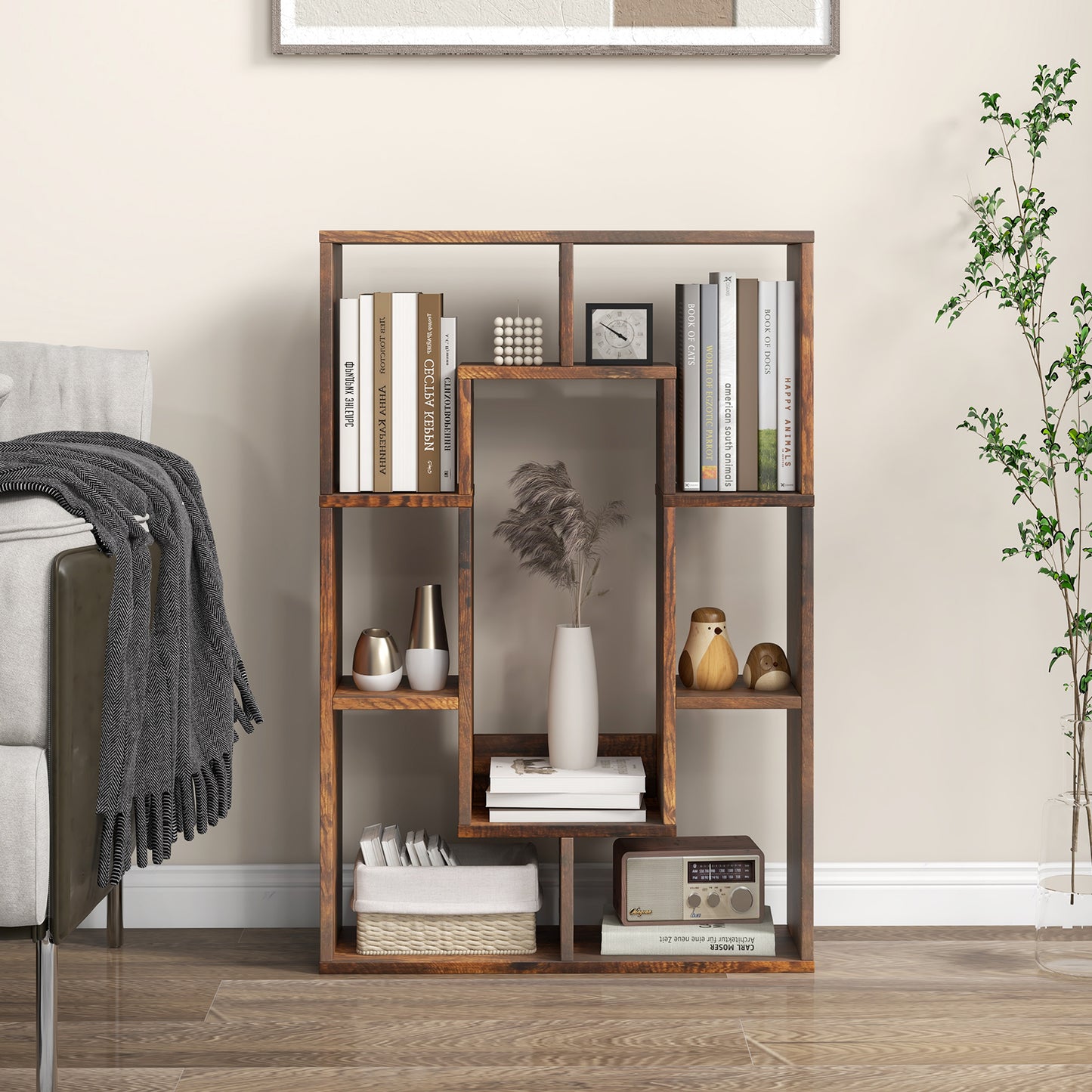 7-Cube Geometric Bookshelf Open Bookcase with Anti-Toppling Device-White