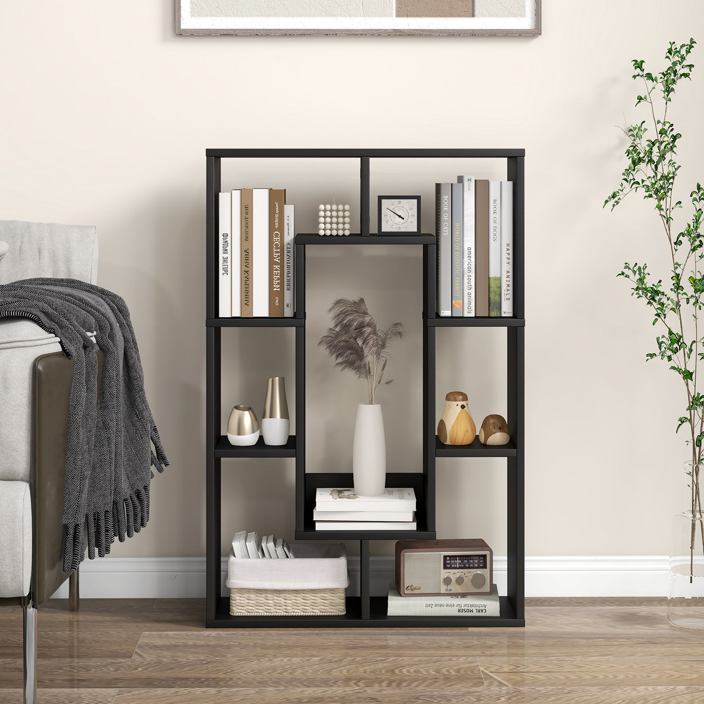 7-Cube Geometric Bookshelf Open Bookcase with Anti-Toppling Device-White