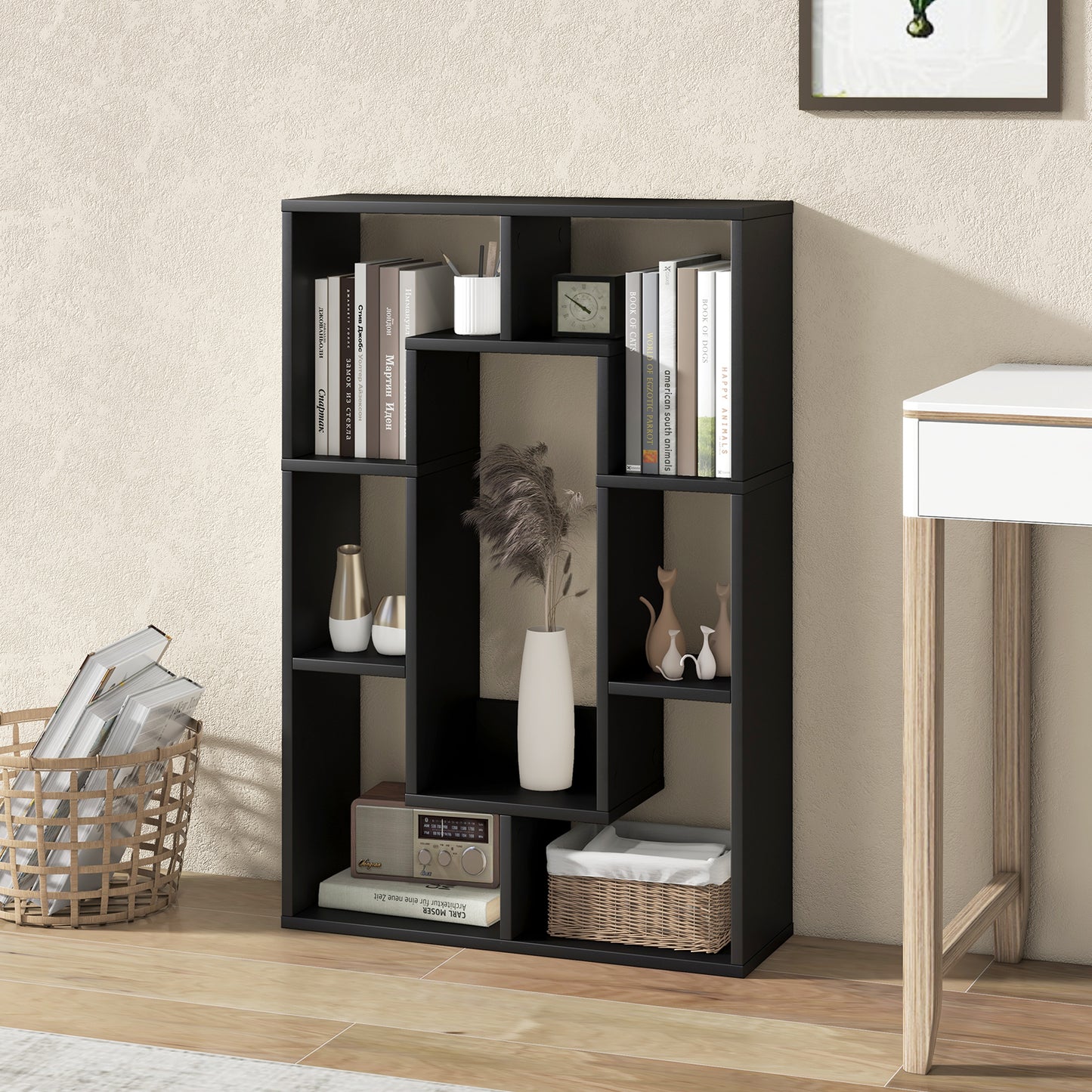 7-Cube Geometric Bookshelf Open Bookcase with Anti-Toppling Device-White