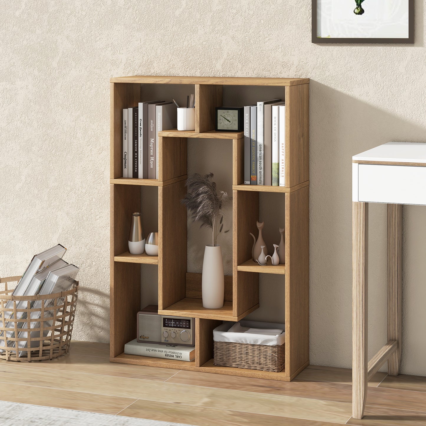 7-Cube Geometric Bookshelf Open Bookcase with Anti-Toppling Device-White