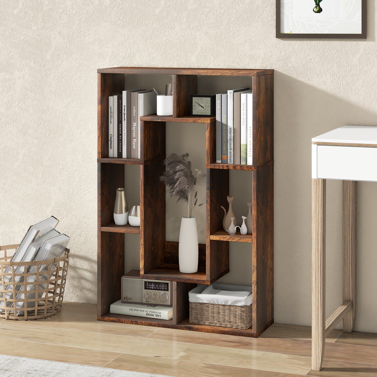 7-Cube Geometric Bookshelf Open Bookcase with Anti-Toppling Device-White
