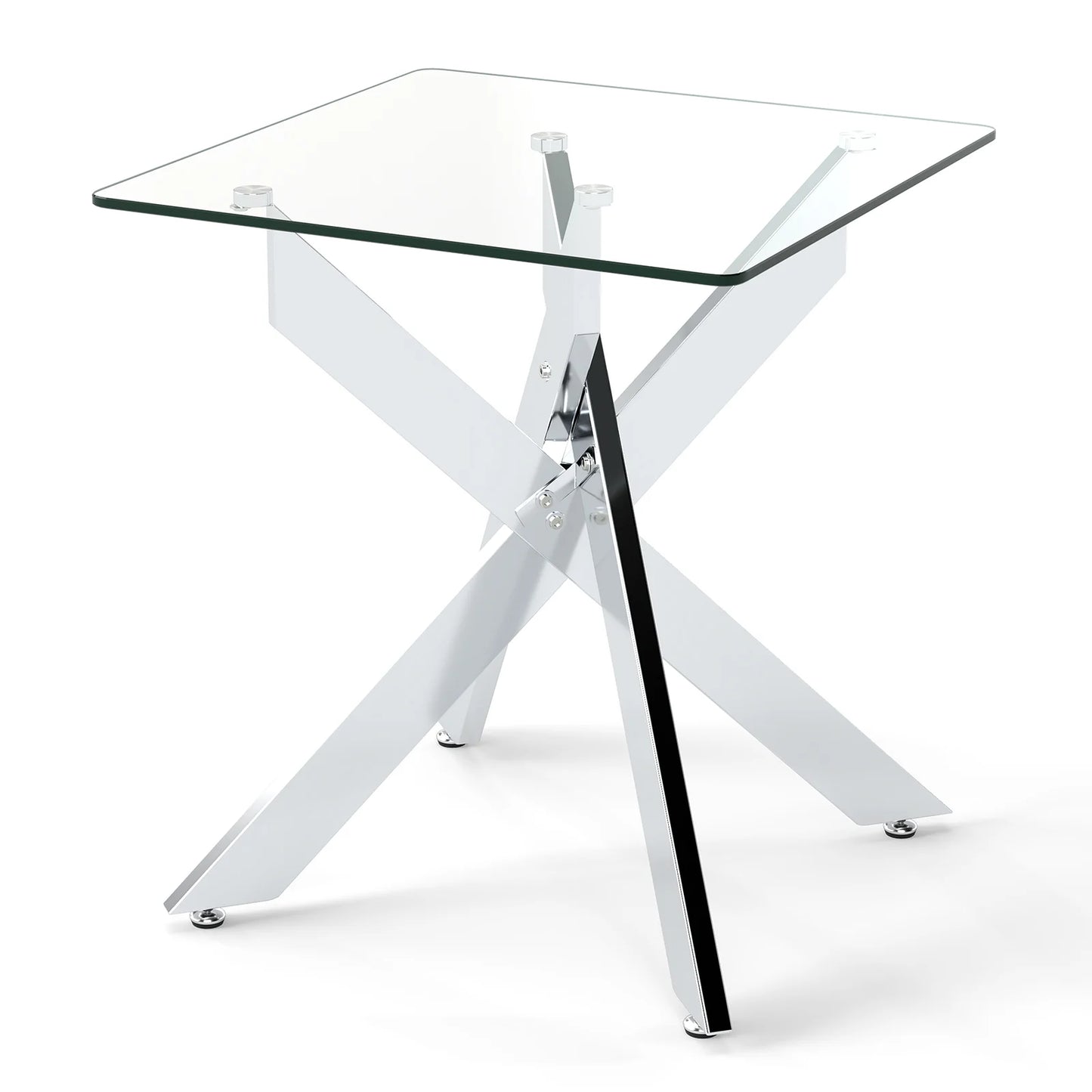 Glass Side Table with Tempered Glass Top and Metal X Base-Silver
