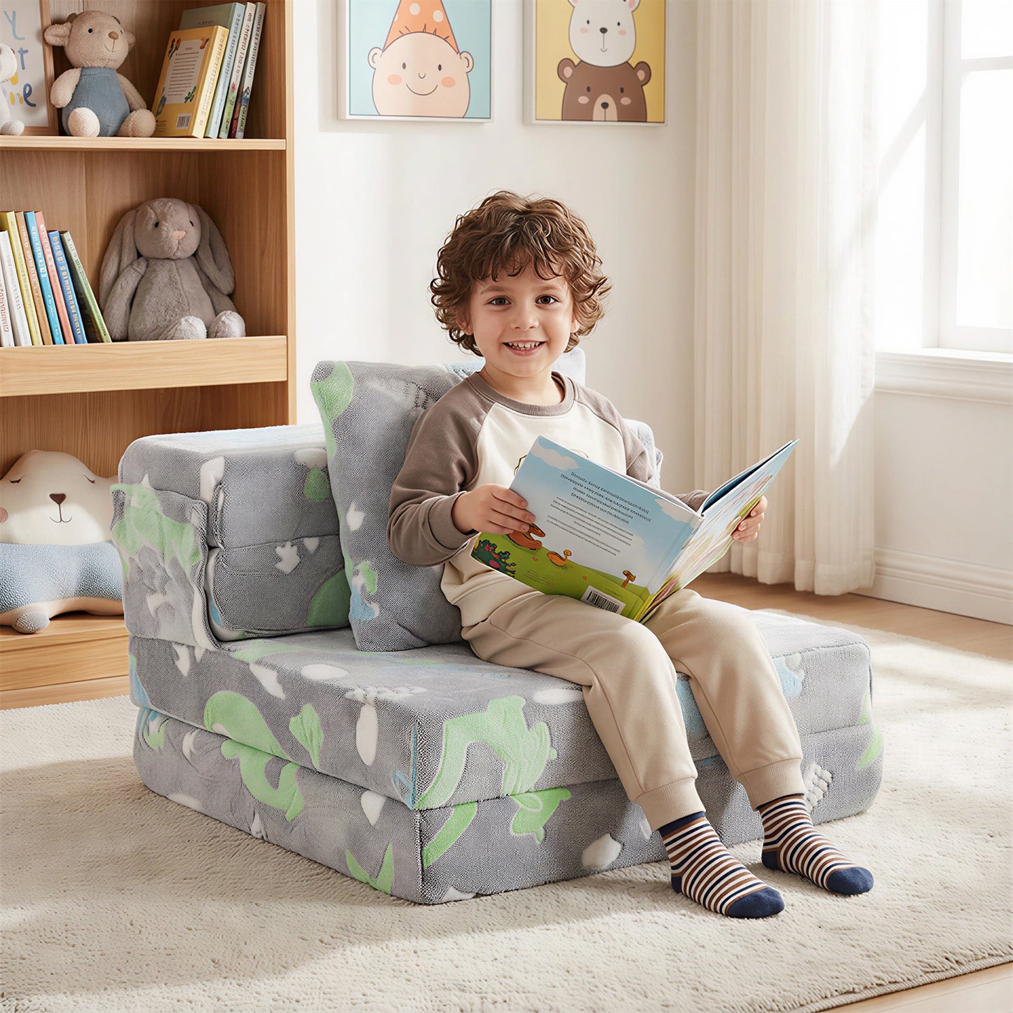 Glow In the Dark Kids Couch with Washable Zippered Covers and Extra Pillow-Colourful