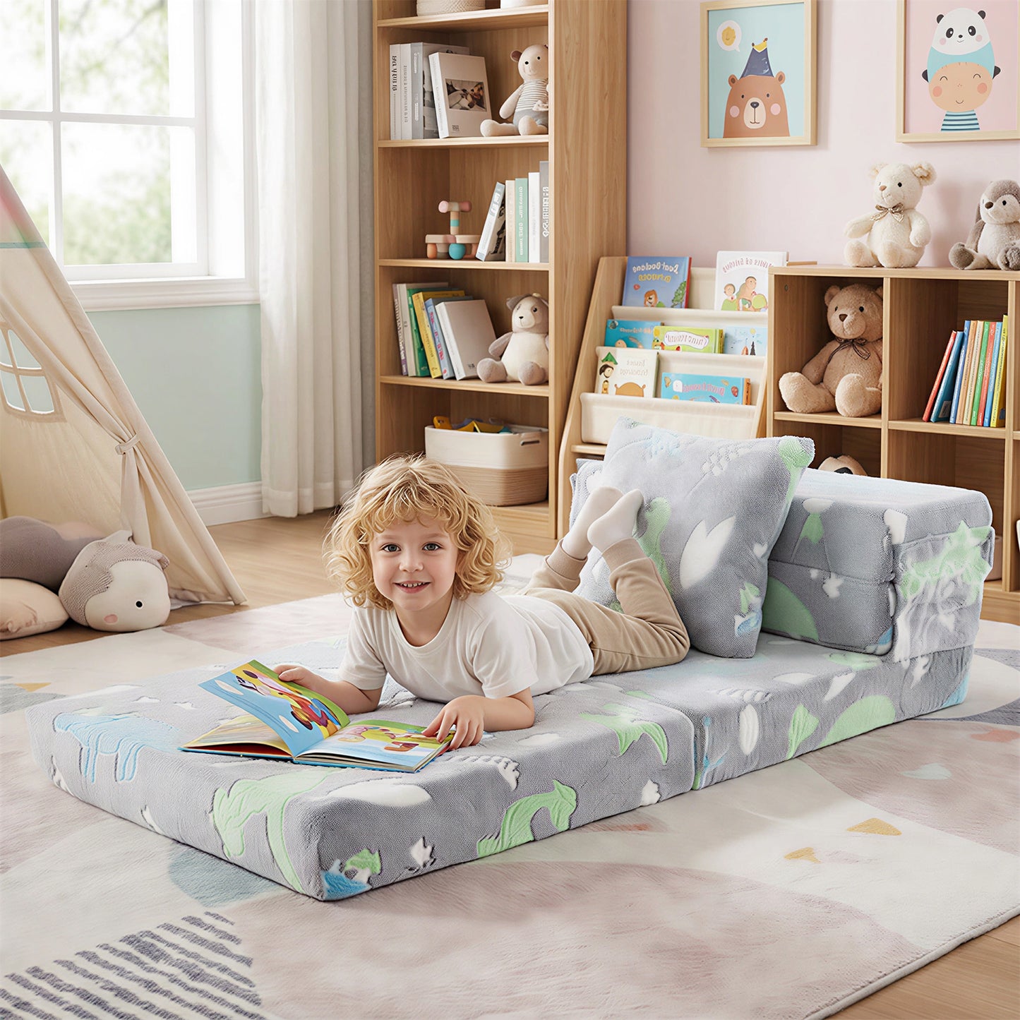 Glow In the Dark Kids Couch with Washable Zippered Covers and Extra Pillow-Colourful