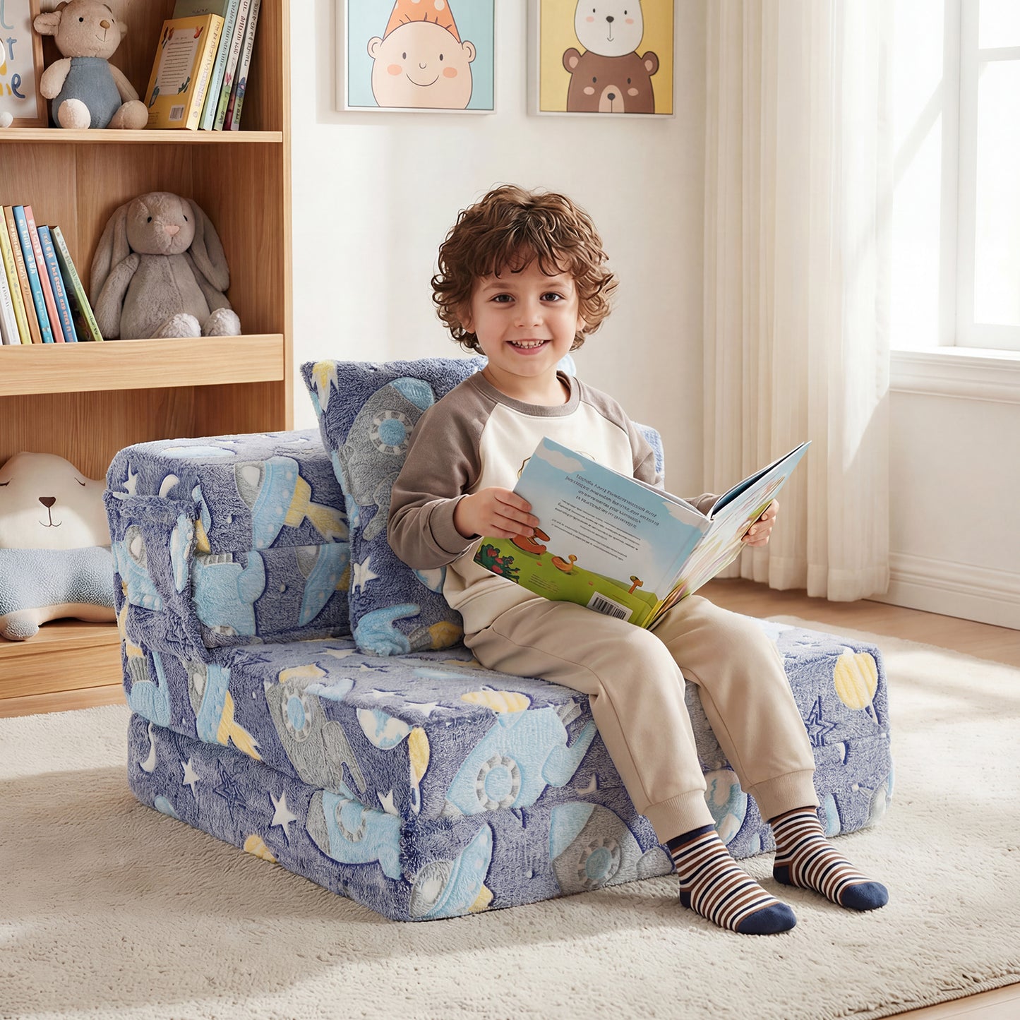 Glow In the Dark Kids Couch with Washable Zippered Covers and Extra Pillow-Colourful