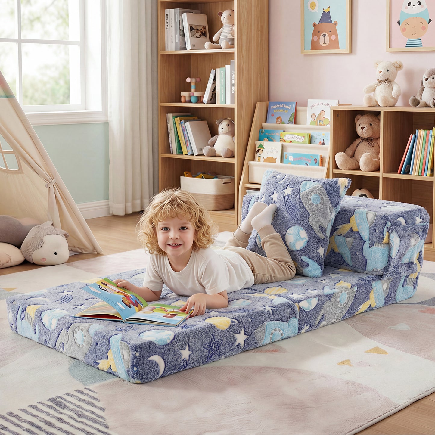 Glow In the Dark Kids Couch with Washable Zippered Covers and Extra Pillow-Colourful