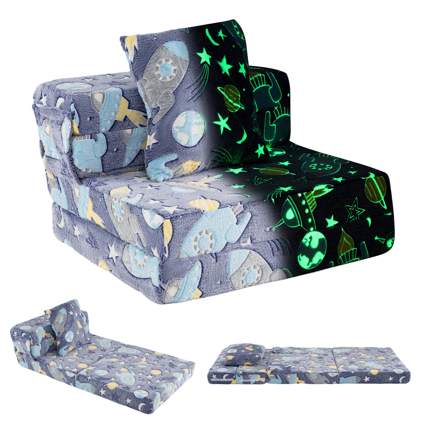 Glow In the Dark Kids Couch with Washable Zippered Covers and Extra Pillow-Colourful