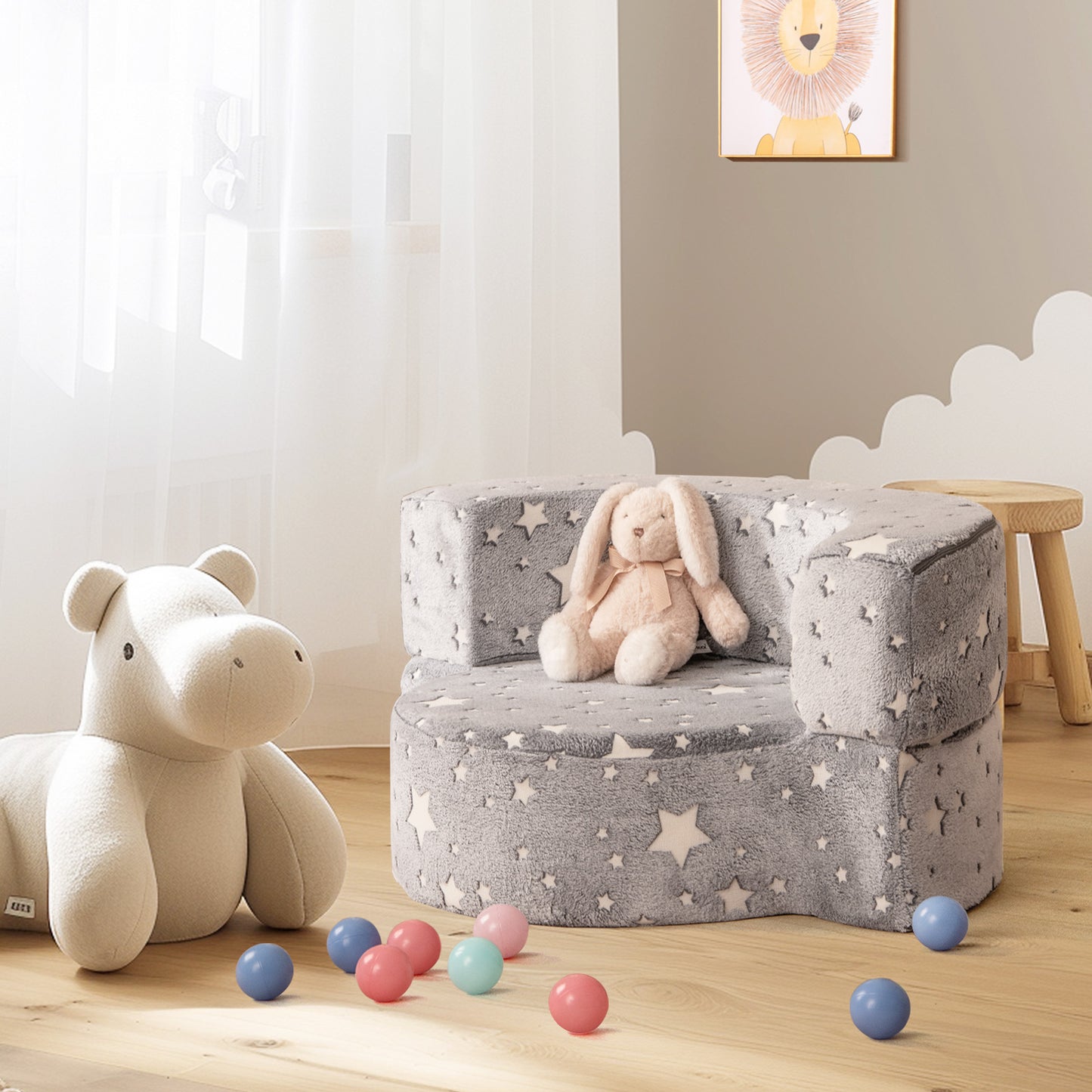 Convertible Glow-in-the-Dark Kids Sofa with Removable Washable Cover-Grey