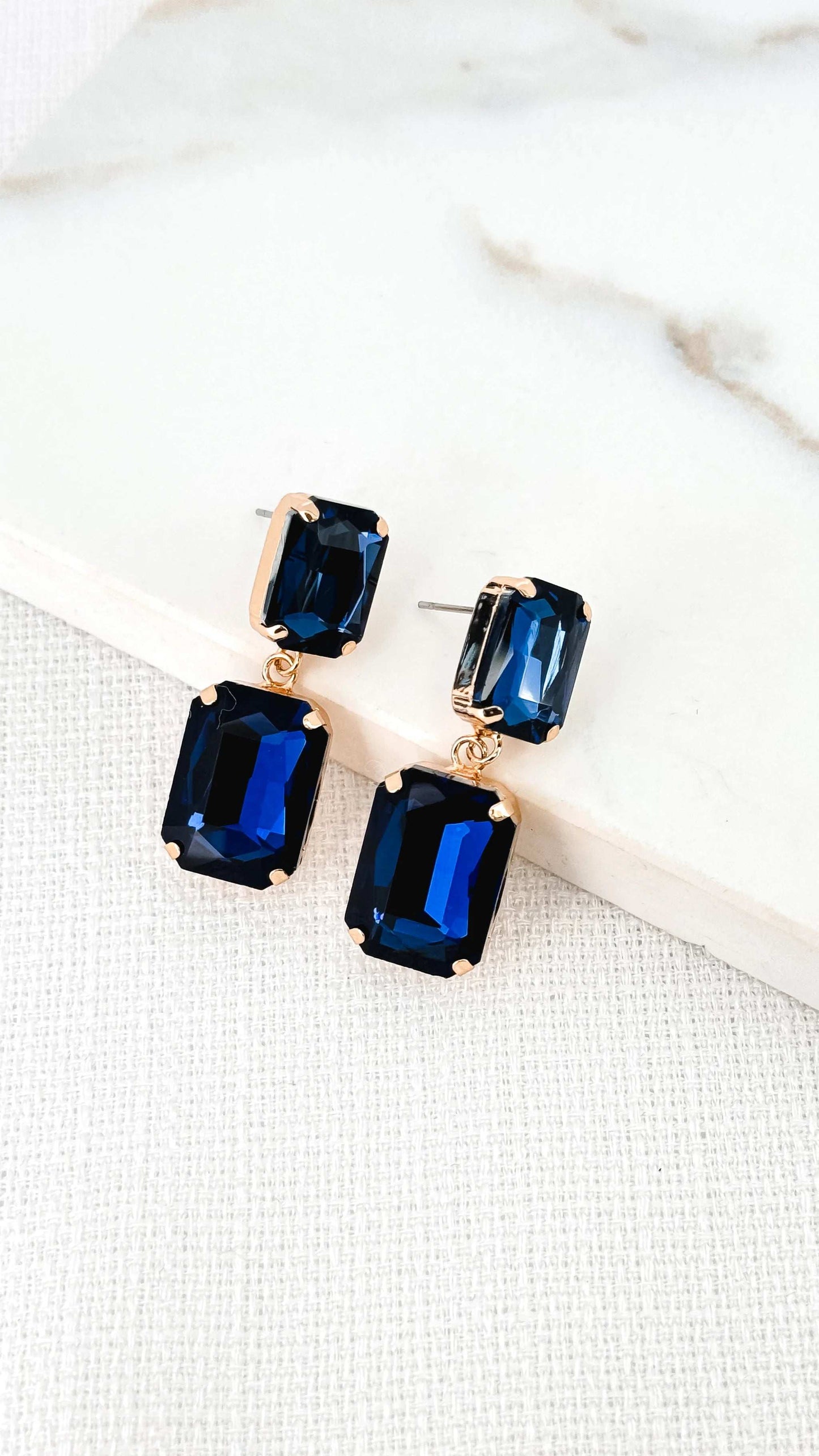 Gold and Blue Faceted Glass Dropper Earrings