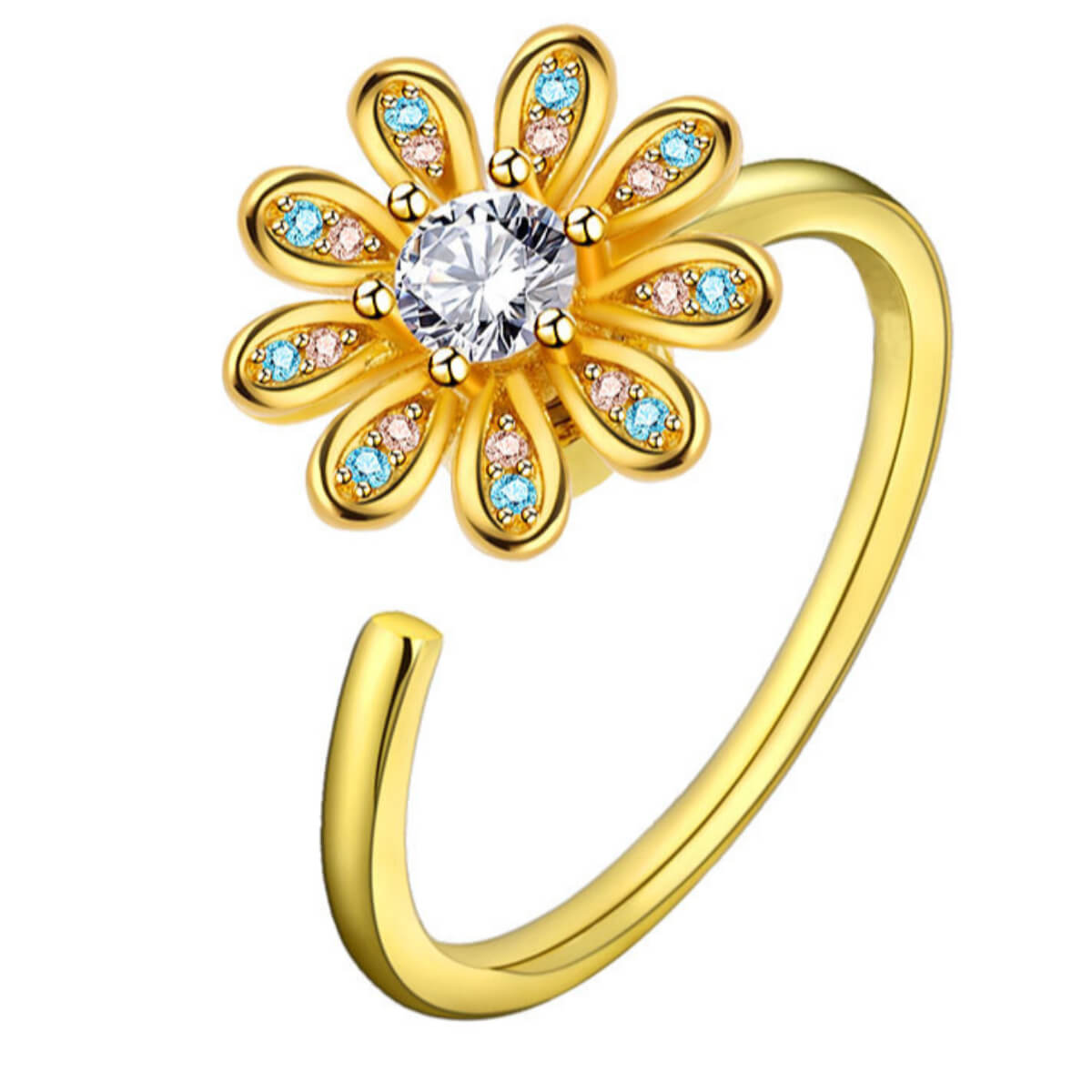 Anti Anxiety Blue Diamond Daisy Ring - Gold