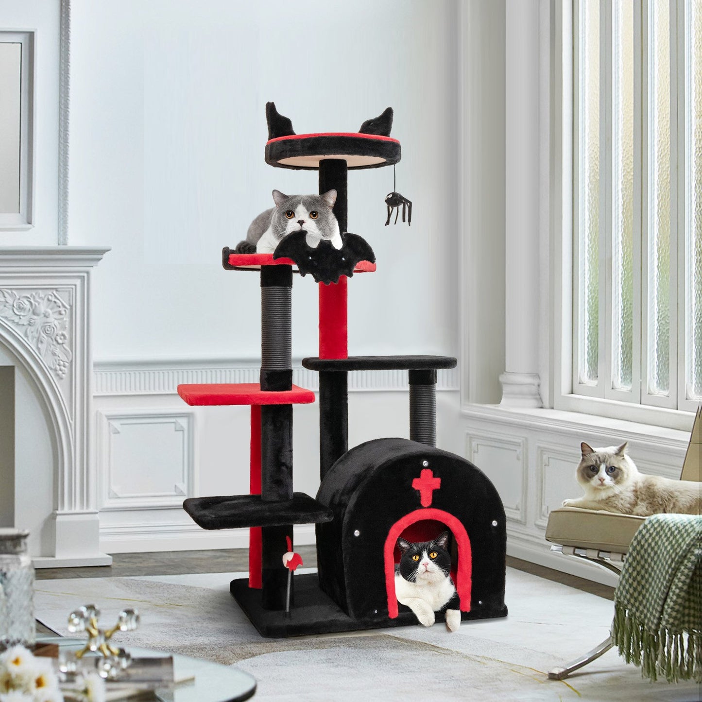 Gothic Cat Tree 134cm Tall Cat Tower with Cat Bed for Indoor Kitten and Adult Cat-Black