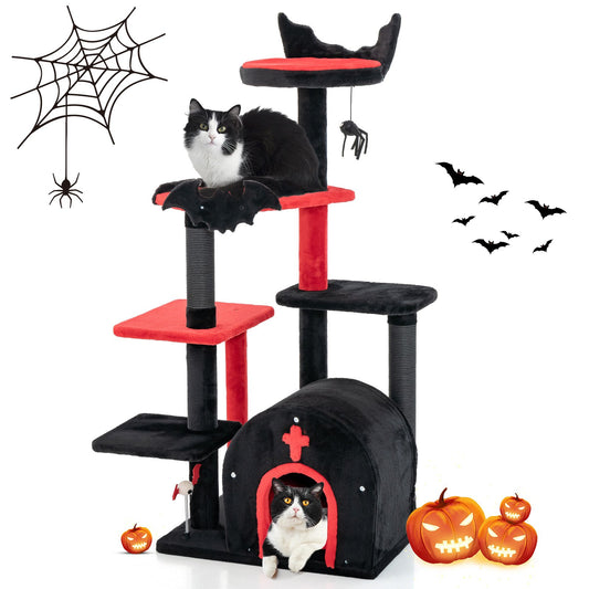 Gothic Cat Tree 134cm Tall Cat Tower with Cat Bed for Indoor Kitten and Adult Cat-Black