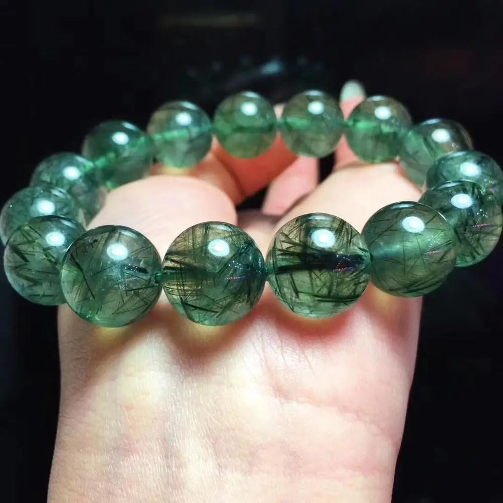 Natural Green Rutilated Quartz Gemstone Bracelet, Size 8-12mm