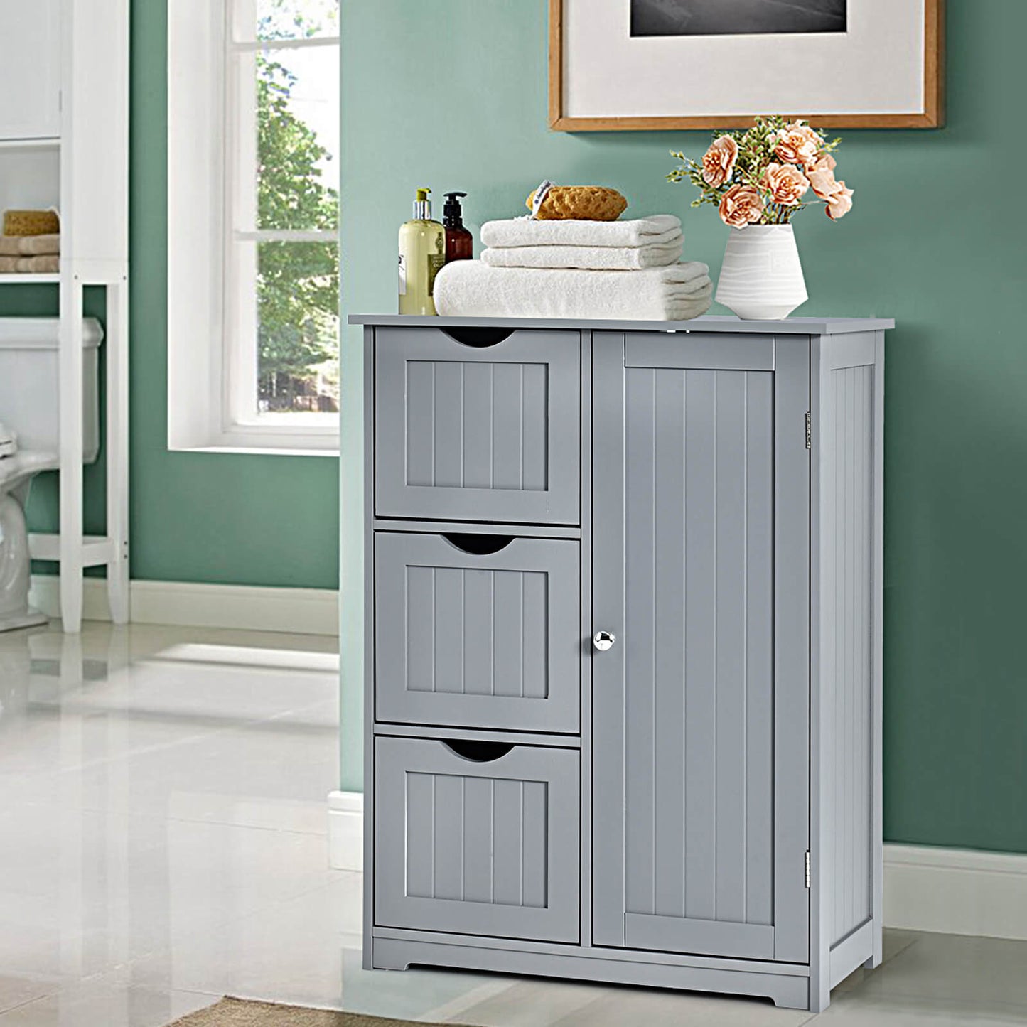 1-Door Freestanding Bathroom Cabinet with 3 Drawers-Black