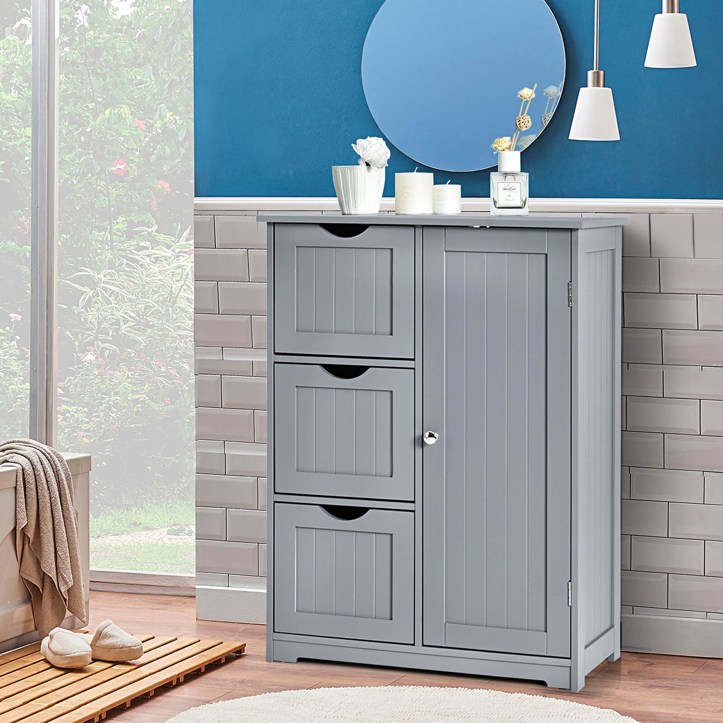 1-Door Freestanding Bathroom Cabinet with 3 Drawers-Black