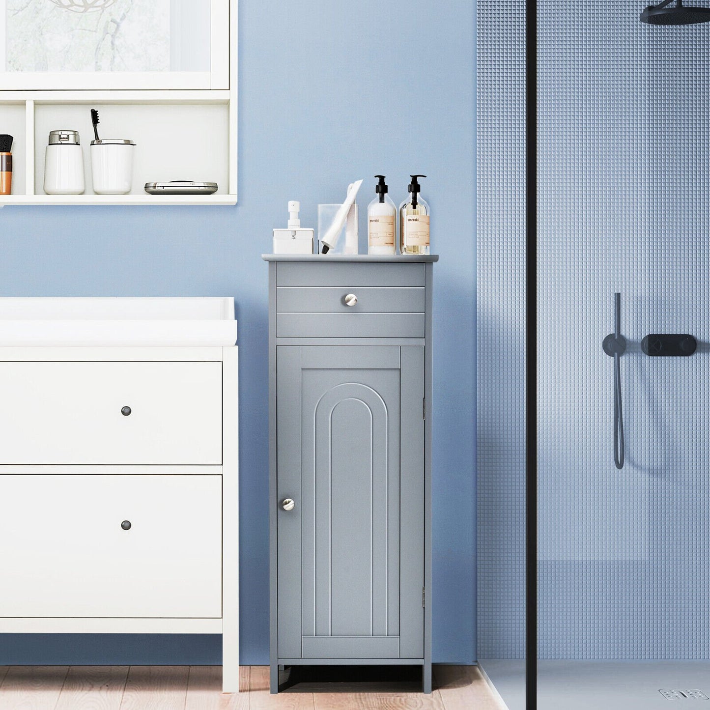 1-Door Freestanding Bathroom Storage Cabinet with Drawer and Adjustable Shelves-Black