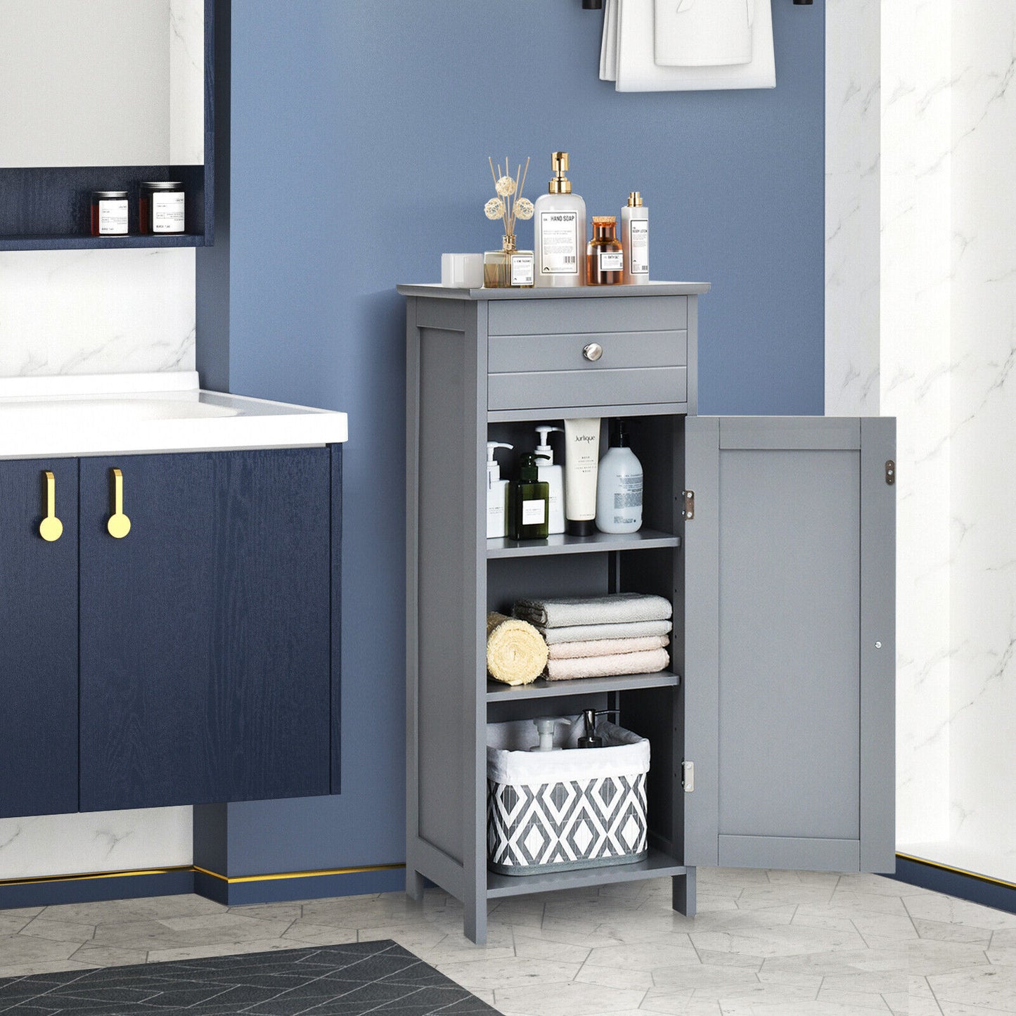 1-Door Freestanding Bathroom Storage Cabinet with Drawer and Adjustable Shelves-Black