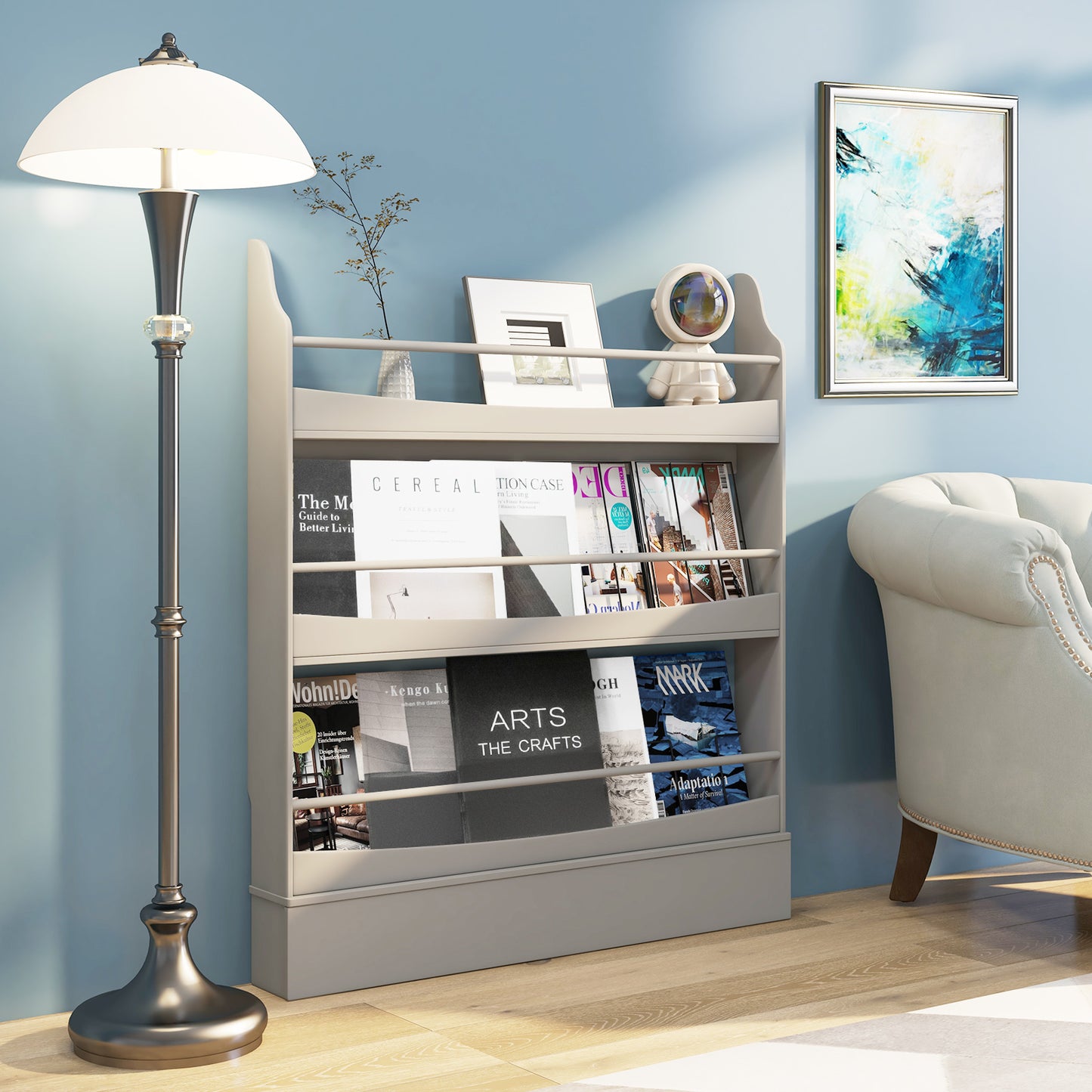 3-Tier Standing Bookshelf with 2 Anti-Tipping Kits and Guardrails-White