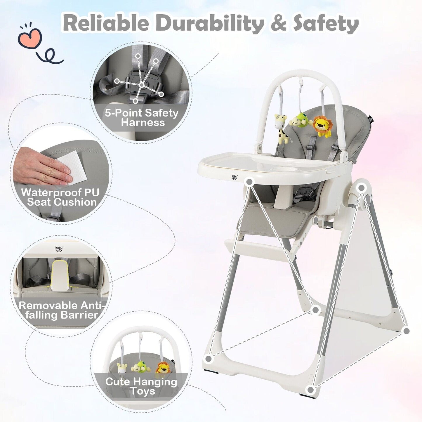 4-in-1 Foldable Baby High Chair with 7 Adjustable Heights and 4 Reclining Angles-Black