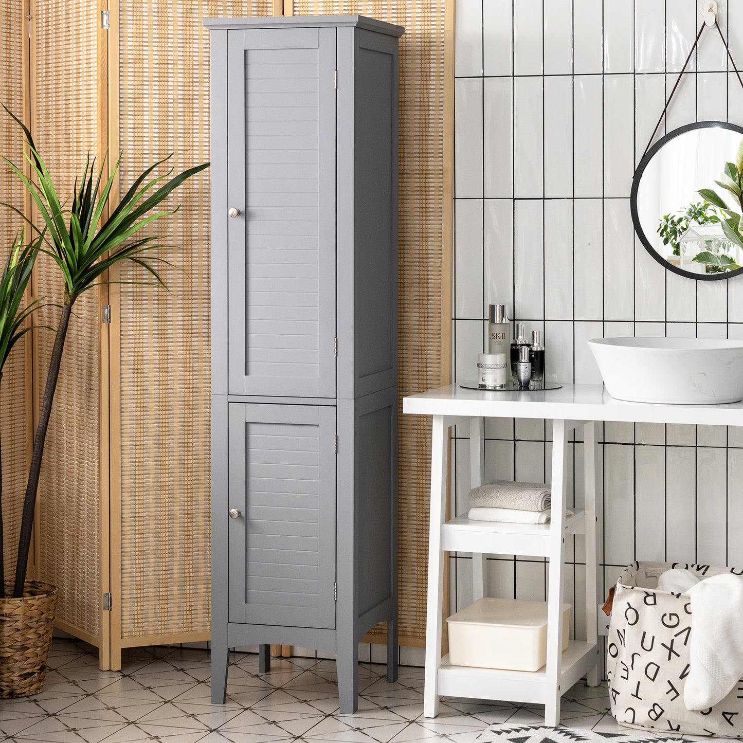 2-Door 160cm High Freestanding Bathroom Cabinet with 5-Tier Shelves-Brown