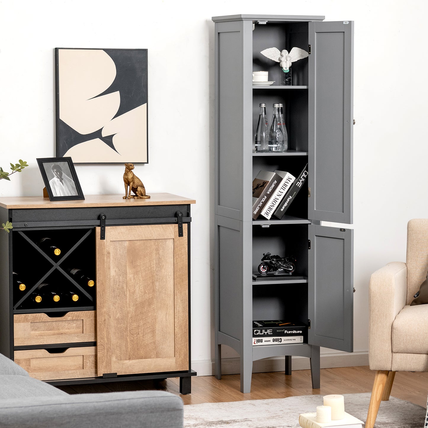 2-Door 160cm High Freestanding Bathroom Cabinet with 5-Tier Shelves-Brown